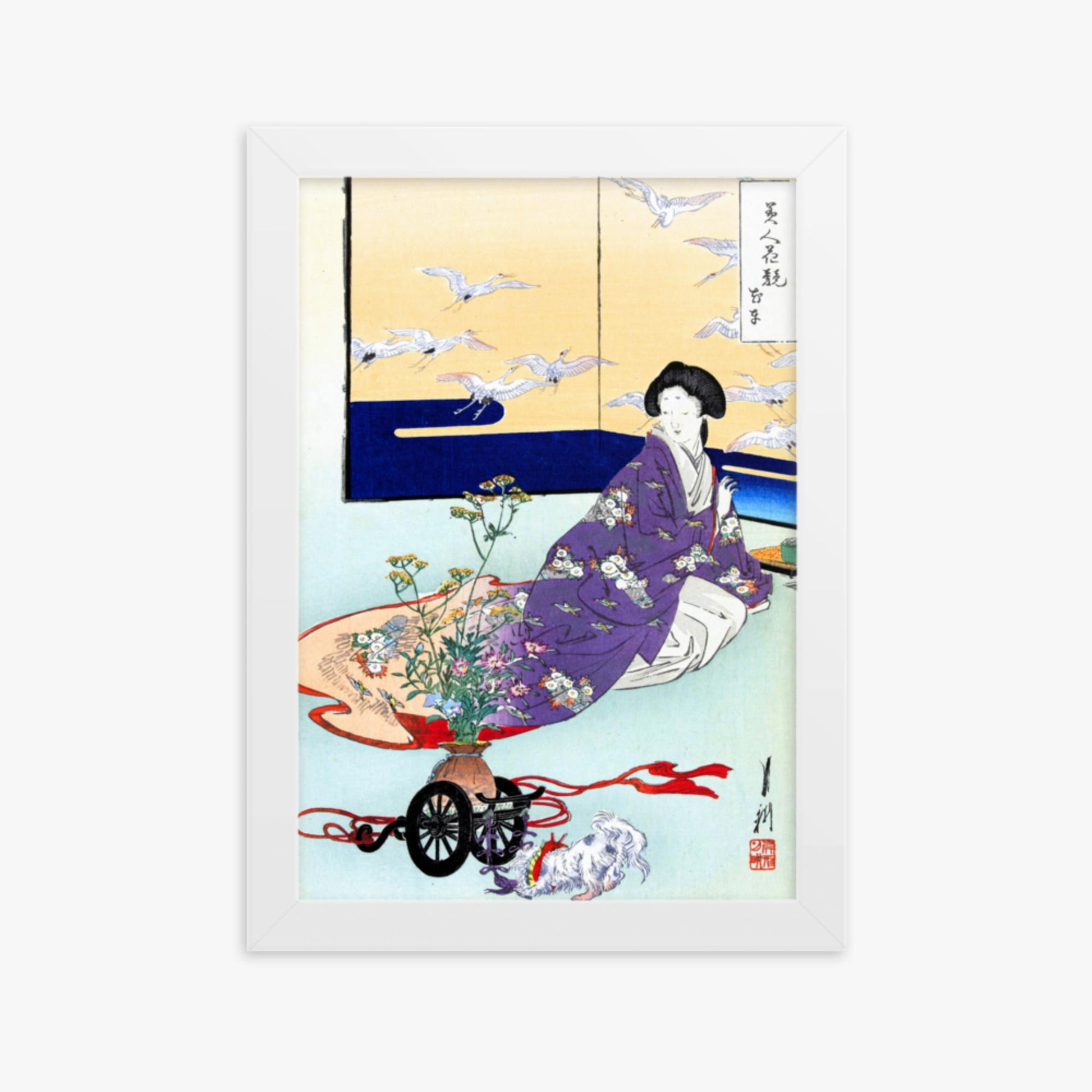 Ogata Gekko - Dog Playing with Flower Cart 21x30 cm Poster With White Frame