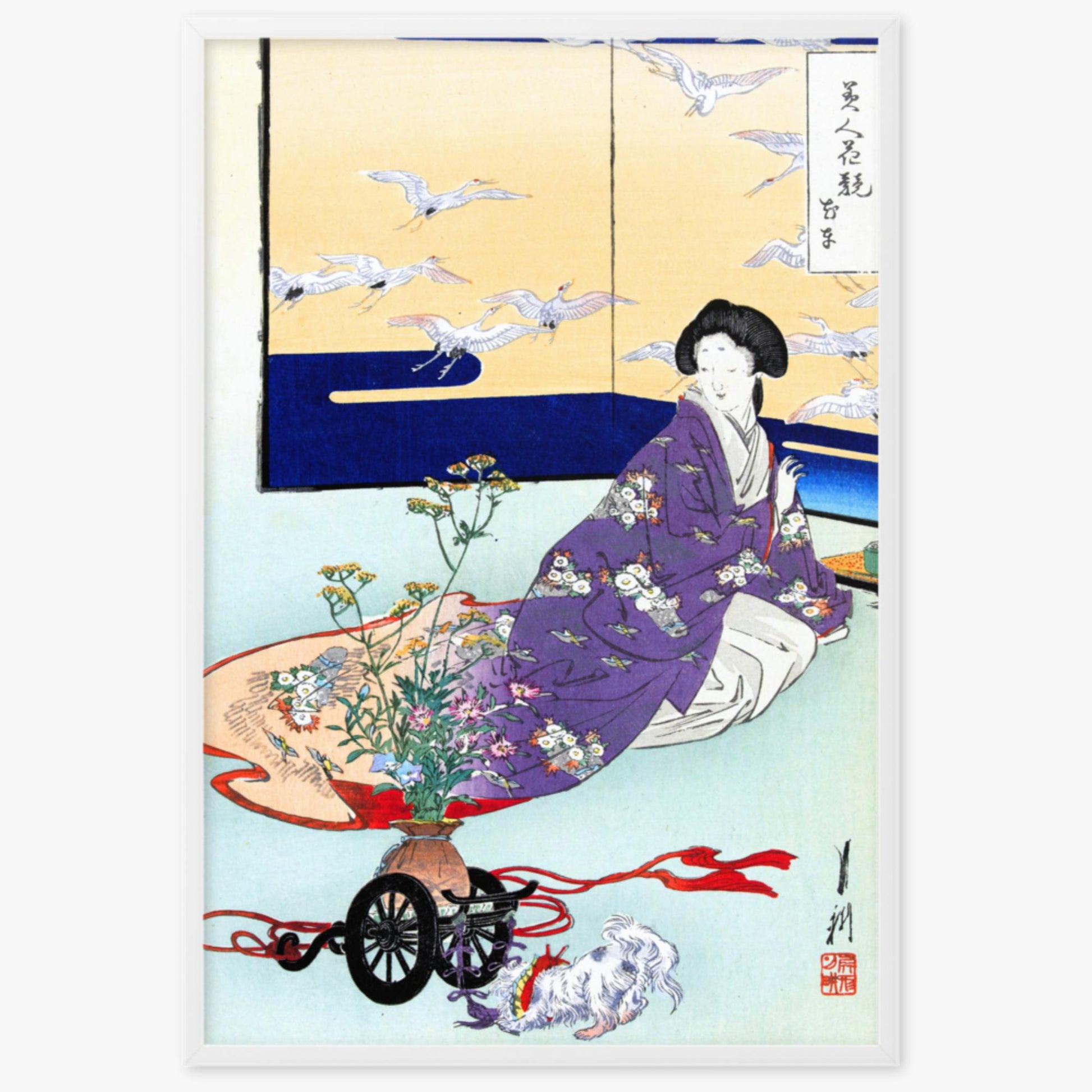 Ogata Gekko - Dog Playing with Flower Cart 61x91 cm Poster With White Frame