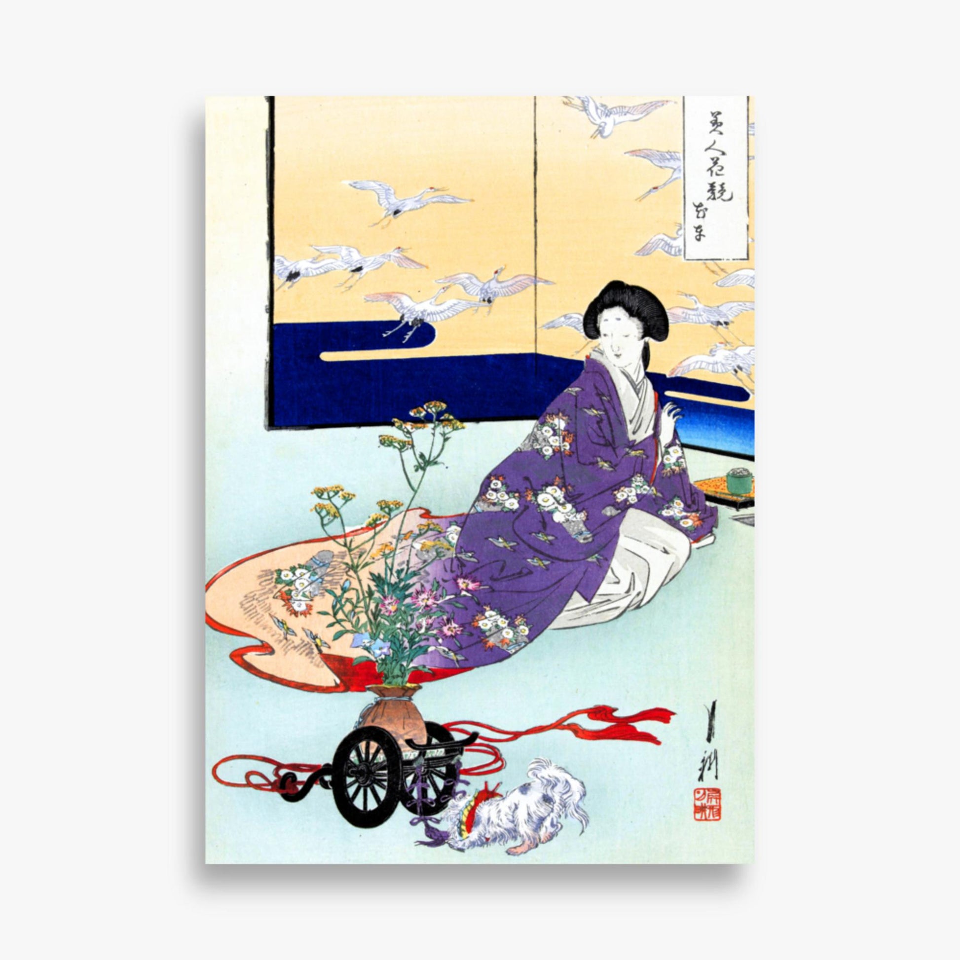 Ogata Gekko - Dog Playing with Flower Cart 50x70 cm Poster