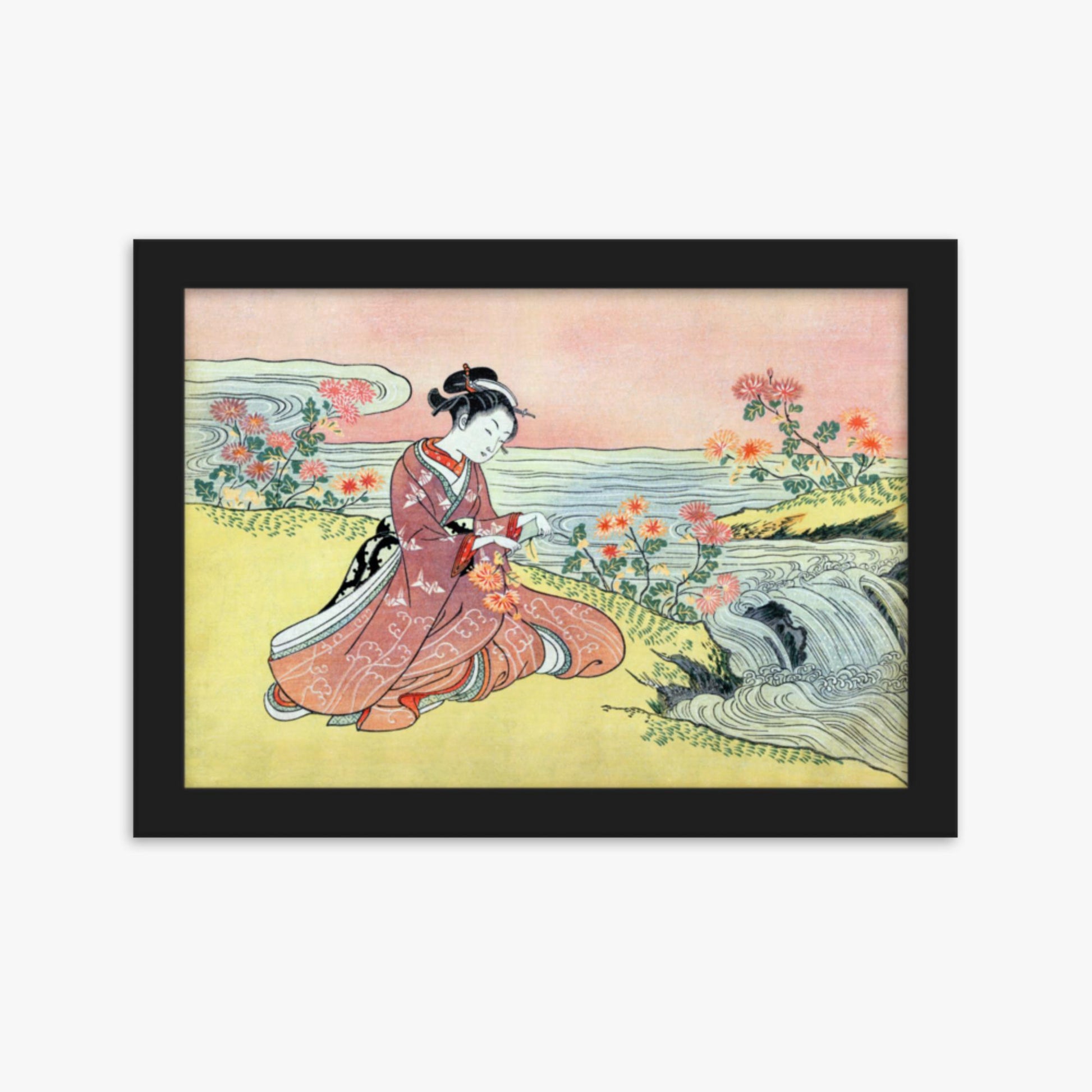 Suzuki Harunobu - Woman Picking Chrysanthemum 21x30 cm Poster With Black Frame