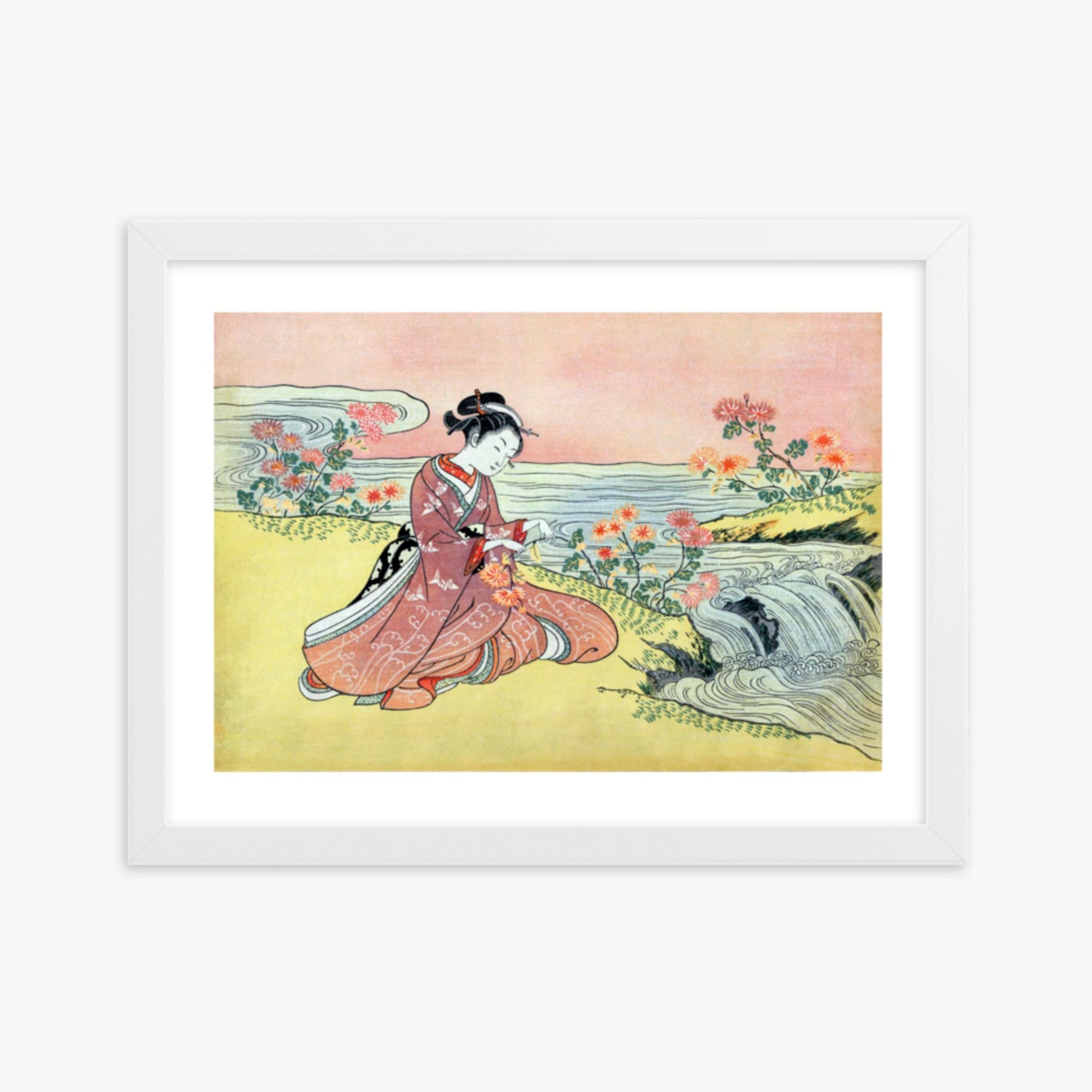 Suzuki Harunobu - Woman Picking Chrysanthemum 30x40 cm Poster With White Frame