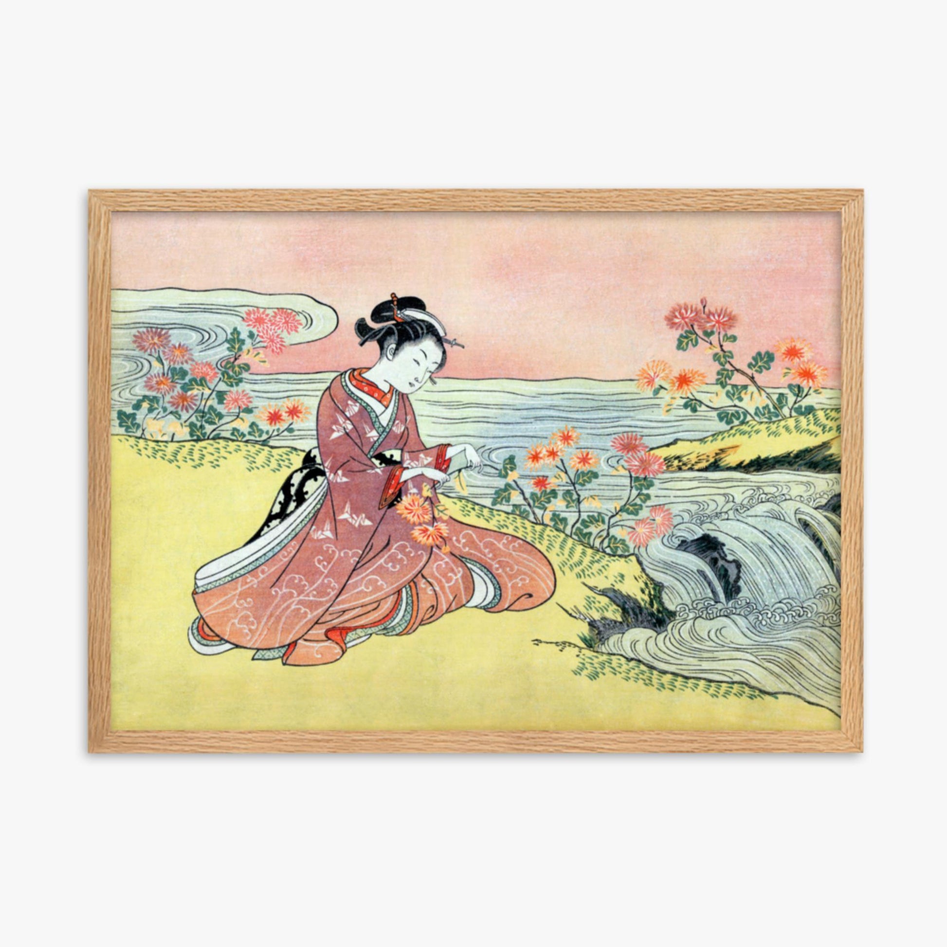 Suzuki Harunobu - Woman Picking Chrysanthemum 50x70 cm Poster With Oak Frame