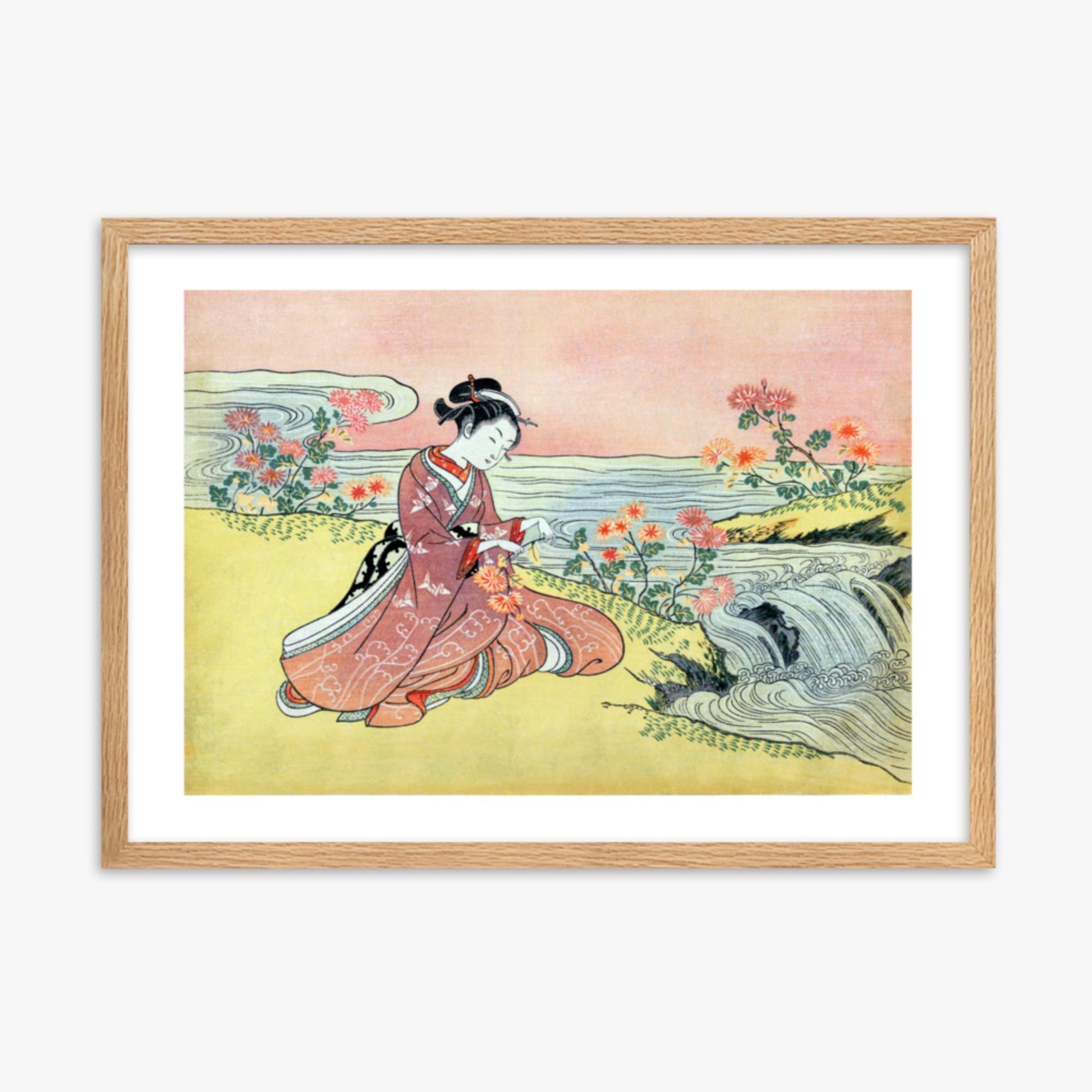 Suzuki Harunobu - Woman Picking Chrysanthemum 50x70 cm Poster With Oak Frame