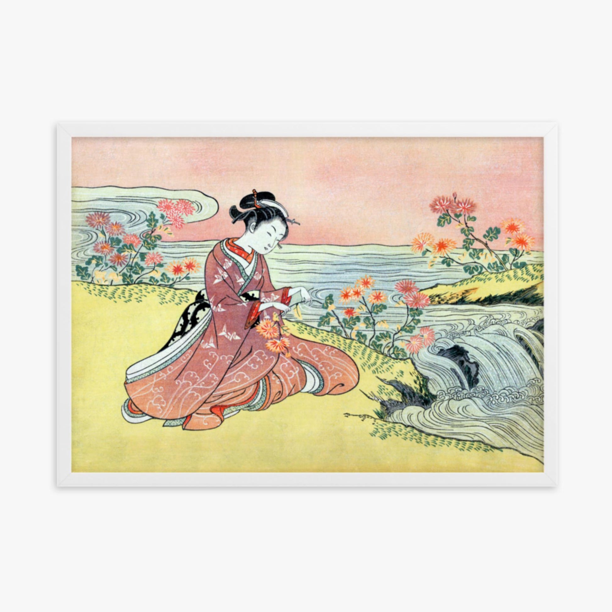 Suzuki Harunobu - Woman Picking Chrysanthemum 50x70 cm Poster With White Frame