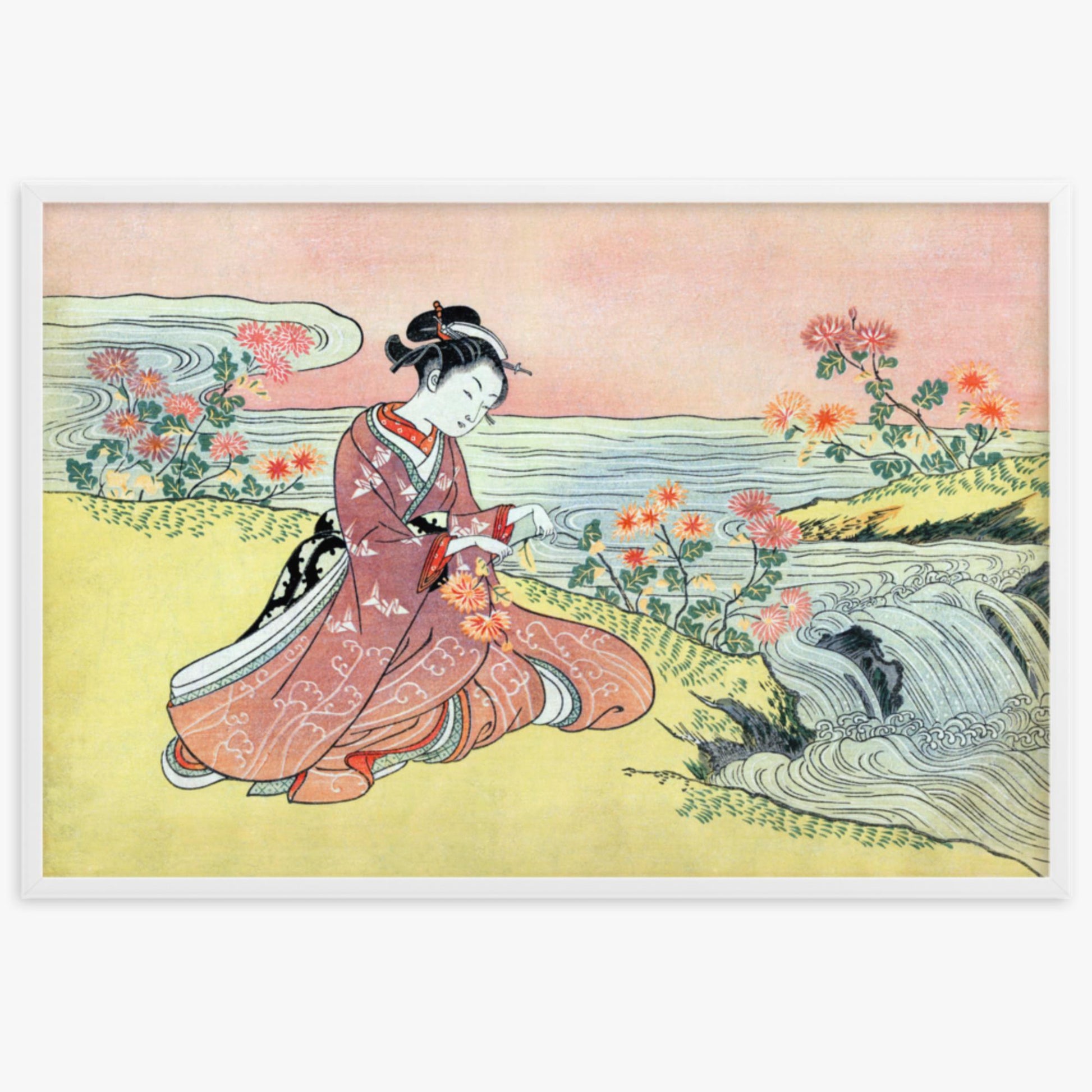 Suzuki Harunobu - Woman Picking Chrysanthemum 61x91 cm Poster With White Frame