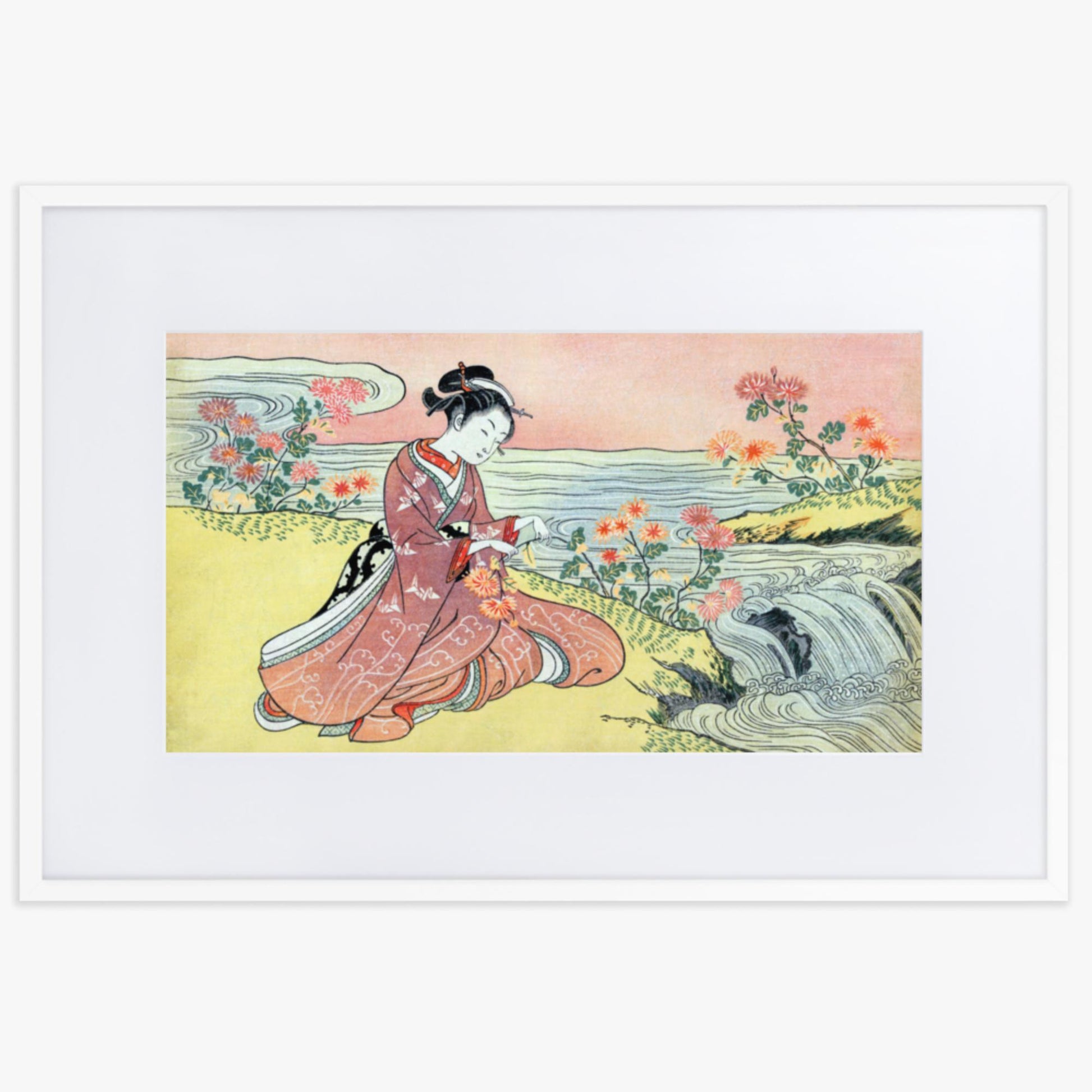 Suzuki Harunobu - Woman Picking Chrysanthemum 61x91 cm Poster With White Frame