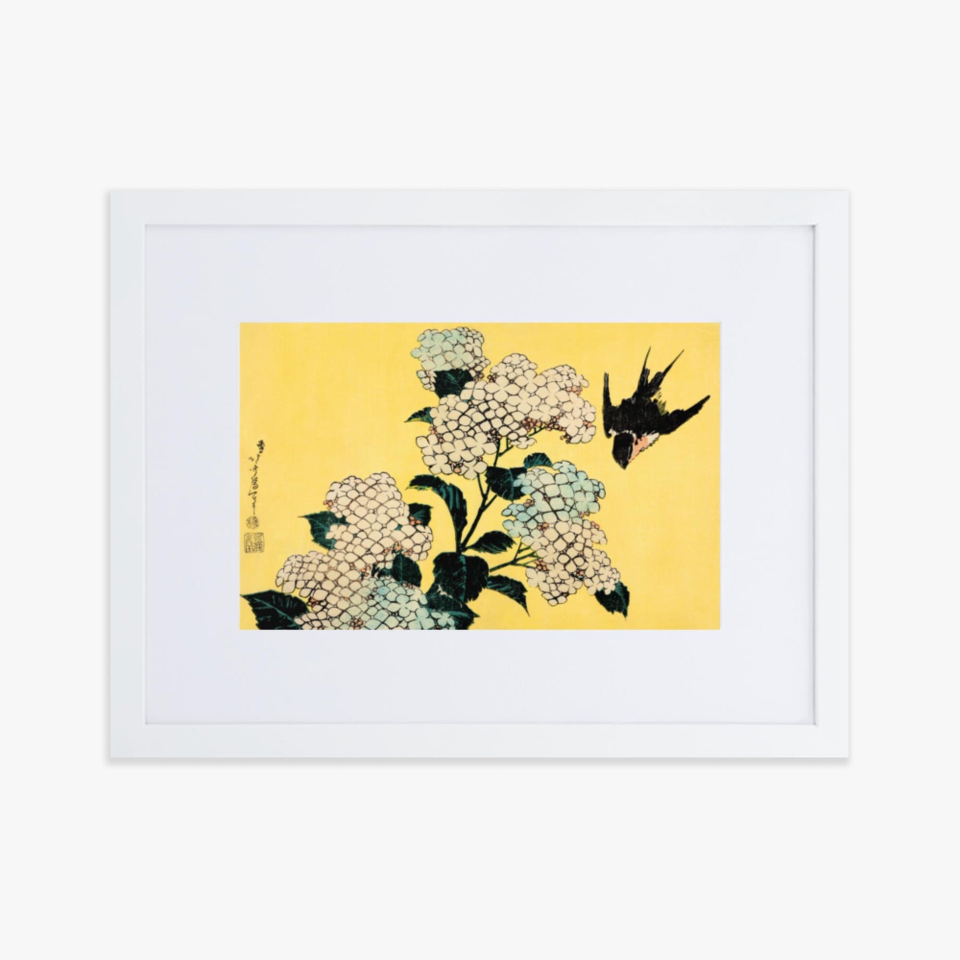 Katsushika Hokusai - Hydrangea and Swallow 30x40 cm Poster With White Frame