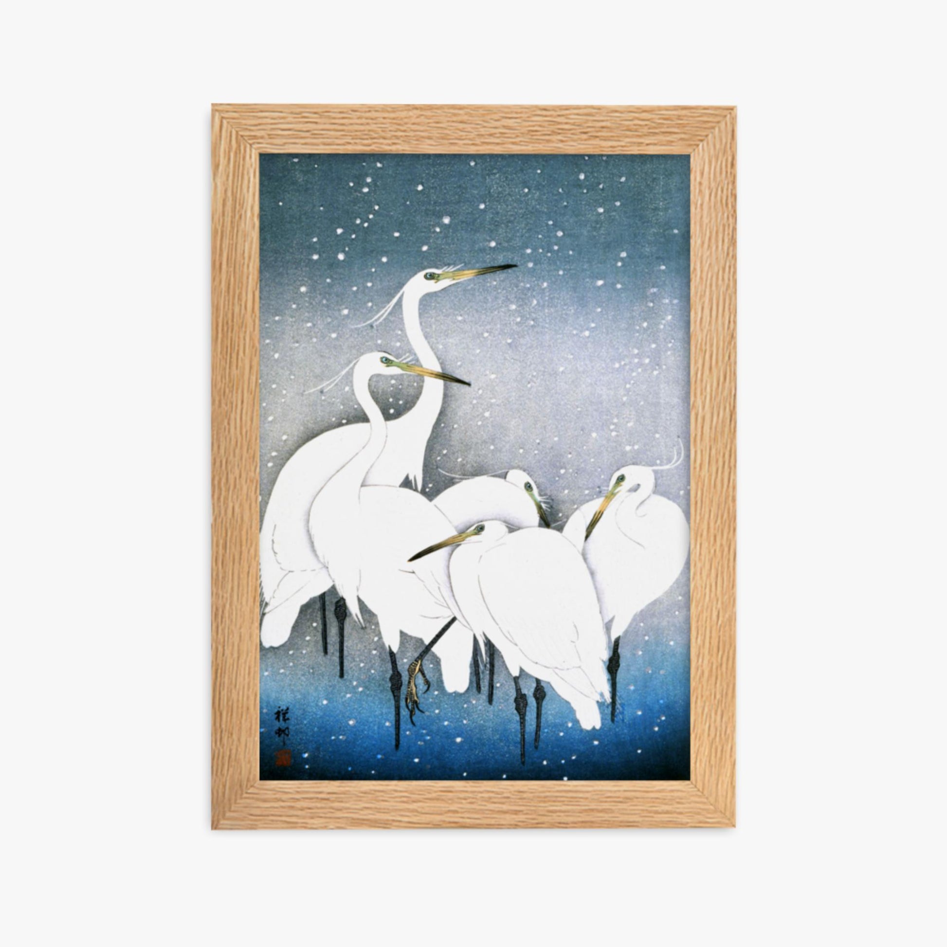 Ohara Koson - Egrets in the Snow 21x30 cm Poster With Oak Frame