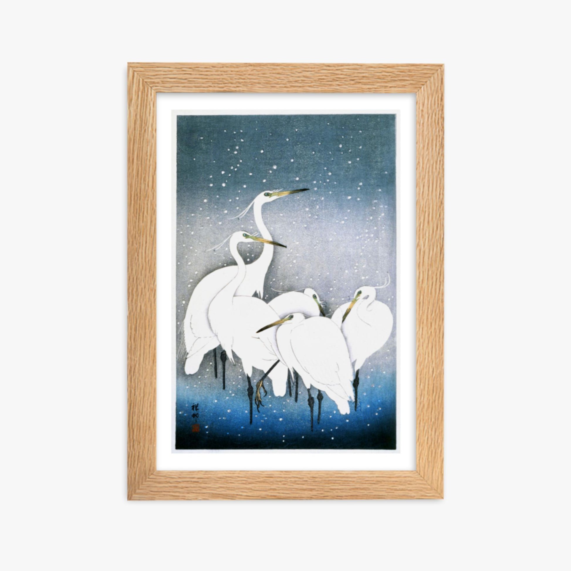 Ohara Koson - Egrets in the Snow 21x30 cm Poster With Oak Frame