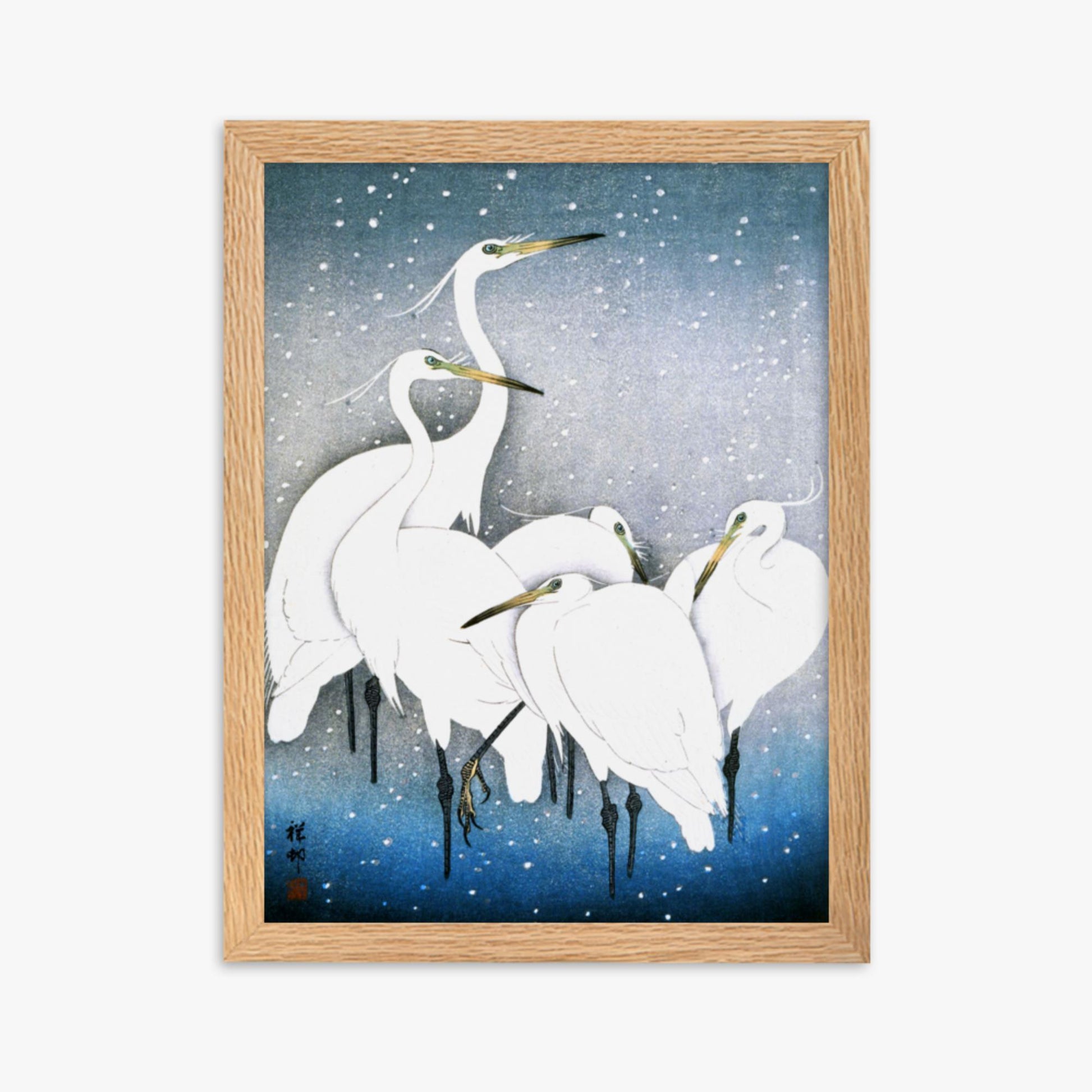 Ohara Koson - Egrets in the Snow 30x40 cm Poster With Oak Frame