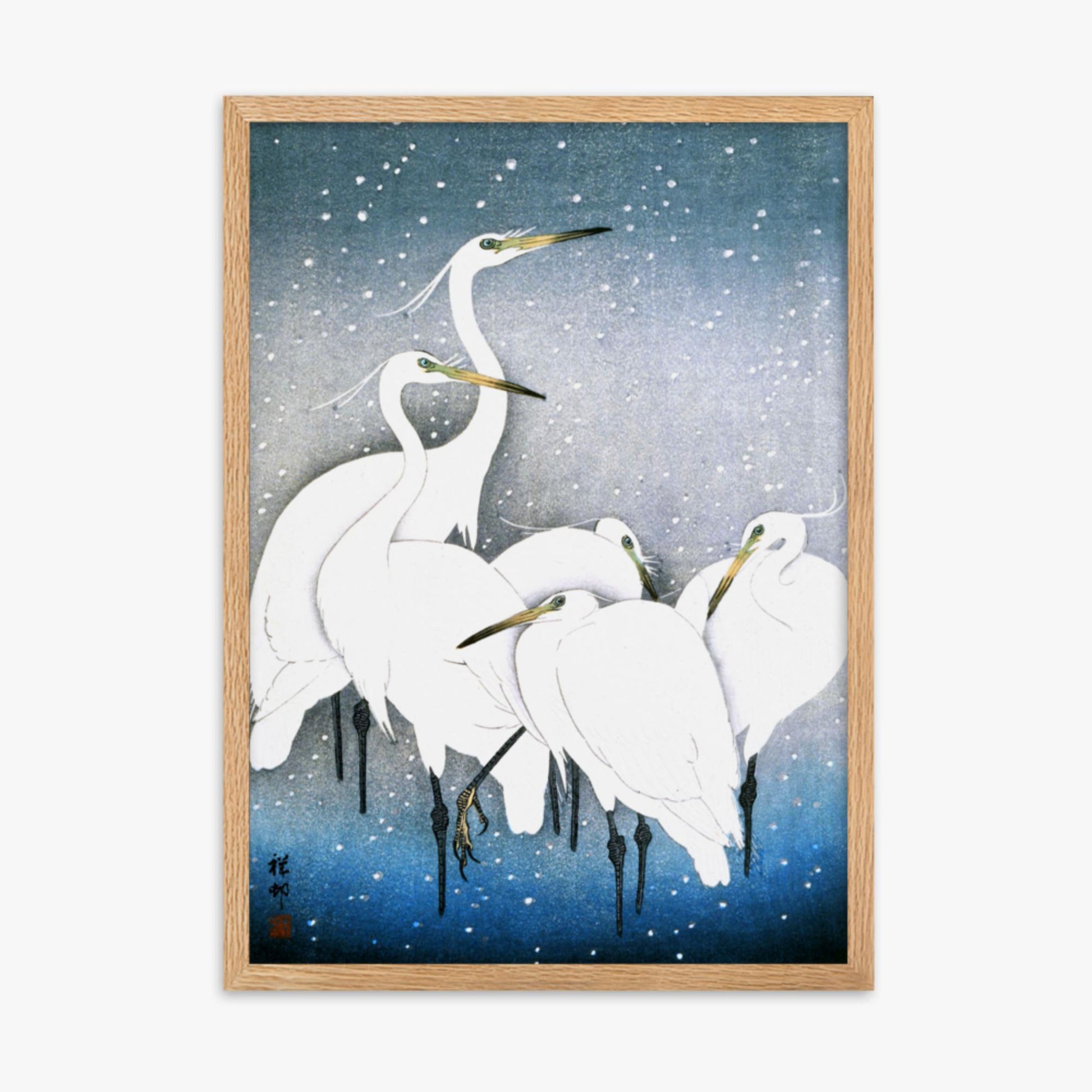 Ohara Koson - Egrets in the Snow 50x70 cm Poster With Oak Frame