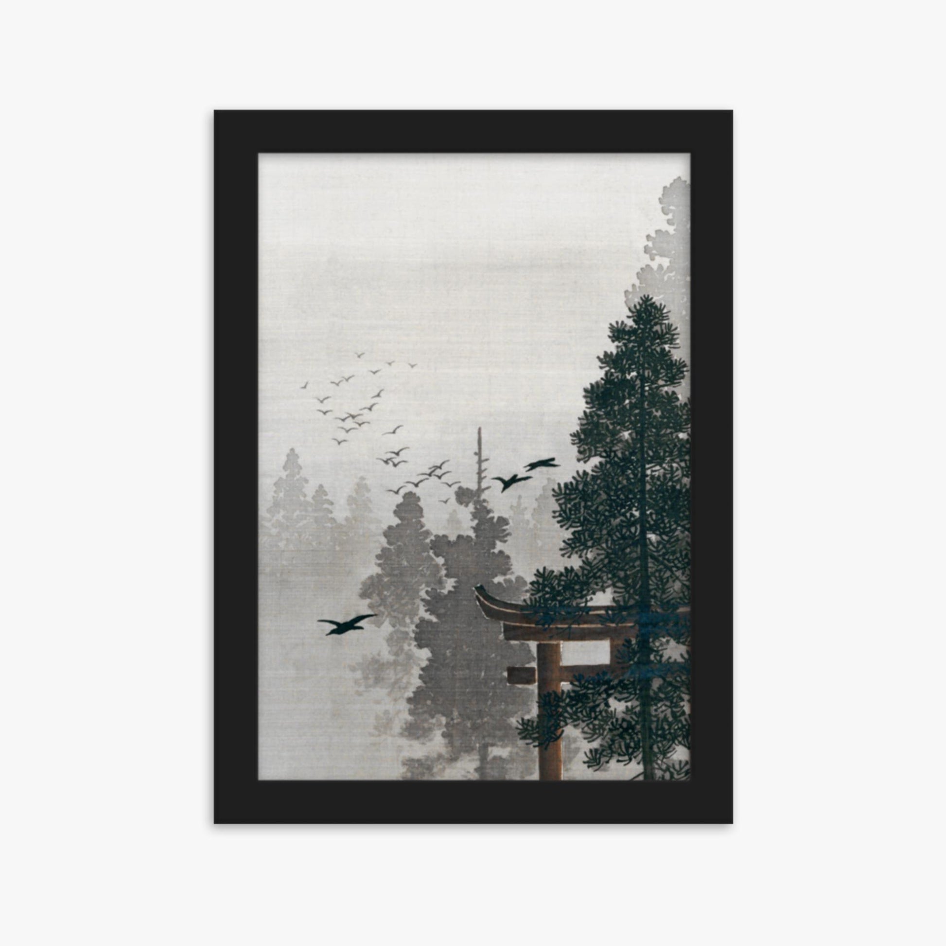 Ohara Koson - Flock of Birds and a Torii Gate in a Pine Tree Forest 21x30 cm Poster With Black Frame