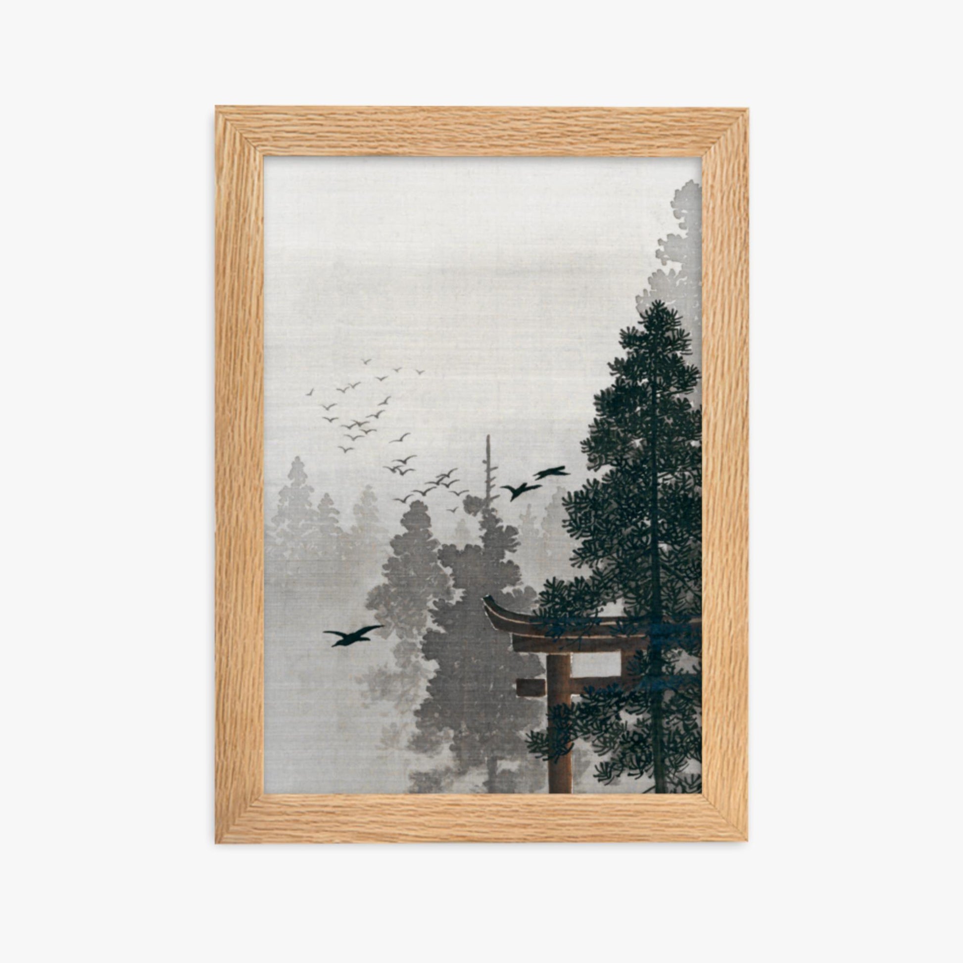 Ohara Koson - Flock of Birds and a Torii Gate in a Pine Tree Forest 21x30 cm Poster With Oak Frame