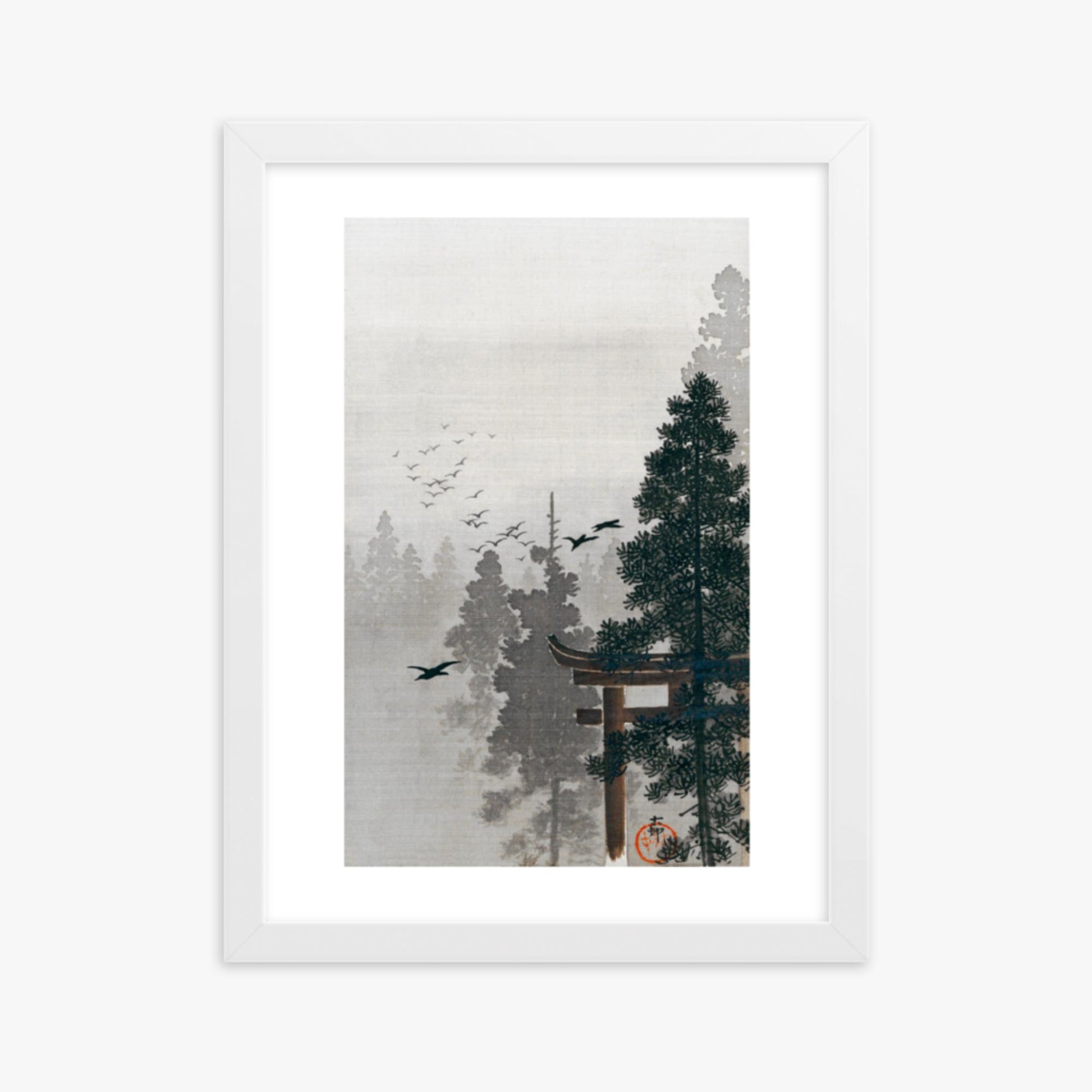 Ohara Koson - Flock of Birds and a Torii Gate in a Pine Tree Forest 30x40 cm Poster With White Frame