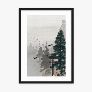 Ohara Koson - Flock of Birds and a Torii Gate in a Pine Tree Forest 50x70 cm Poster With Black Frame