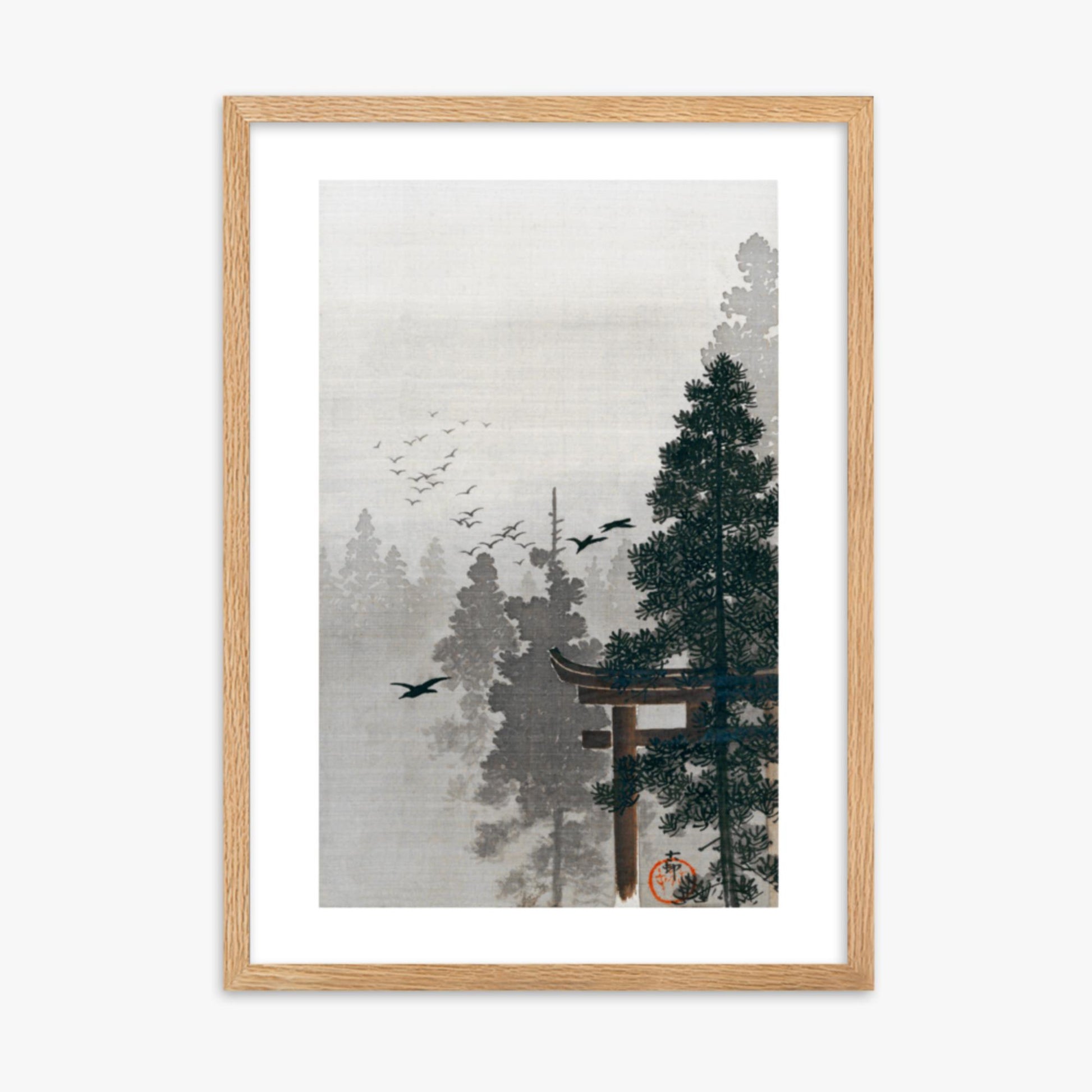 Ohara Koson - Flock of Birds and a Torii Gate in a Pine Tree Forest 50x70 cm Poster With Oak Frame