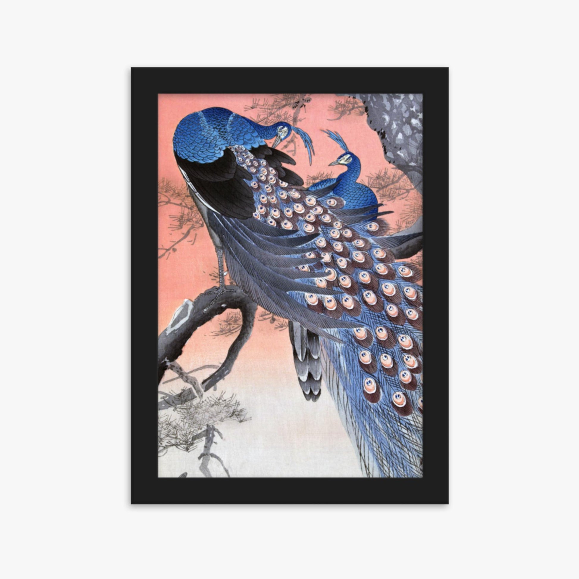 Ohara Koson - Two Peacocks on Tree Branch 21x30 cm Poster With Black Frame