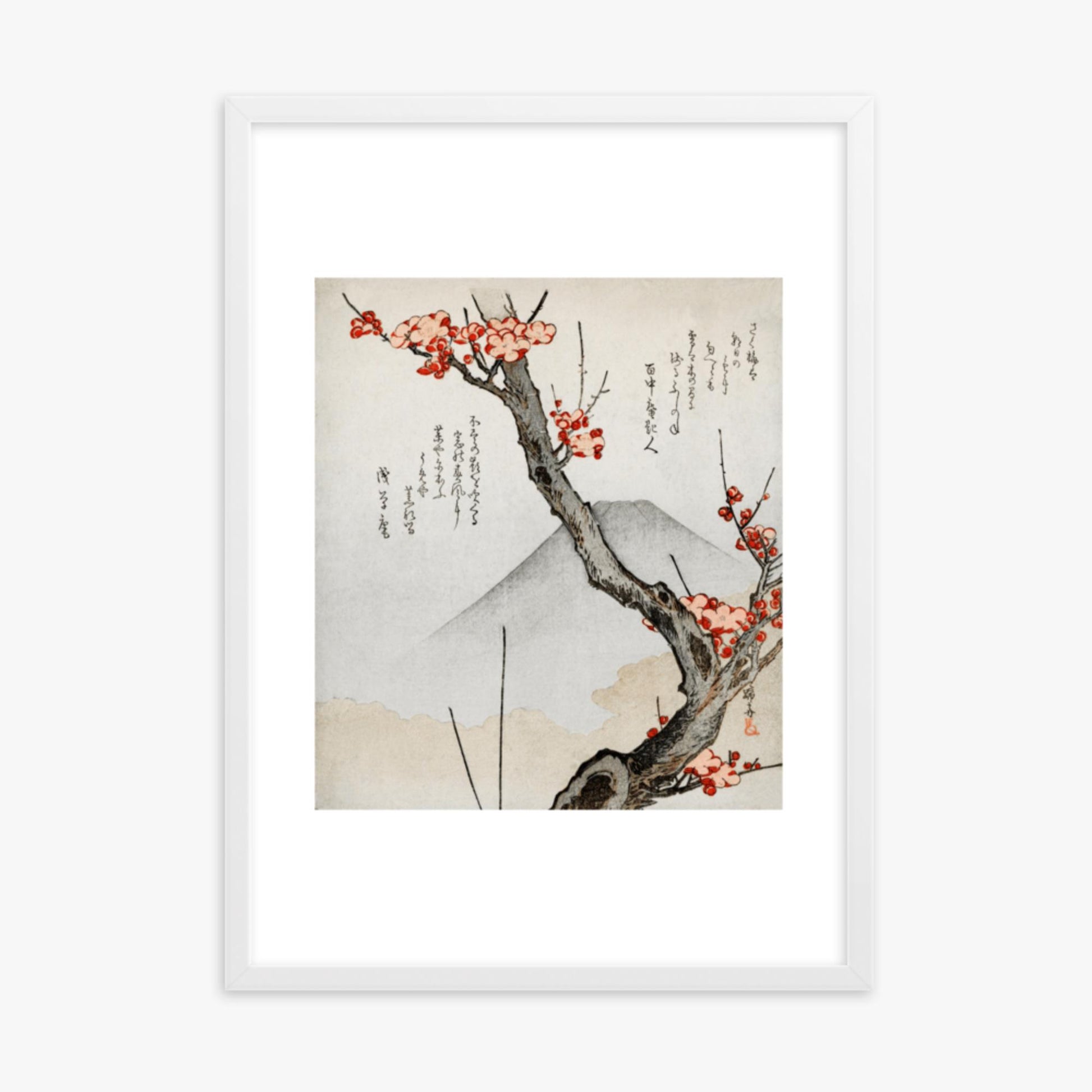 Teisai Hokuba - Mount Fuji and a Flowering Plum 50x70 cm Poster With White Frame