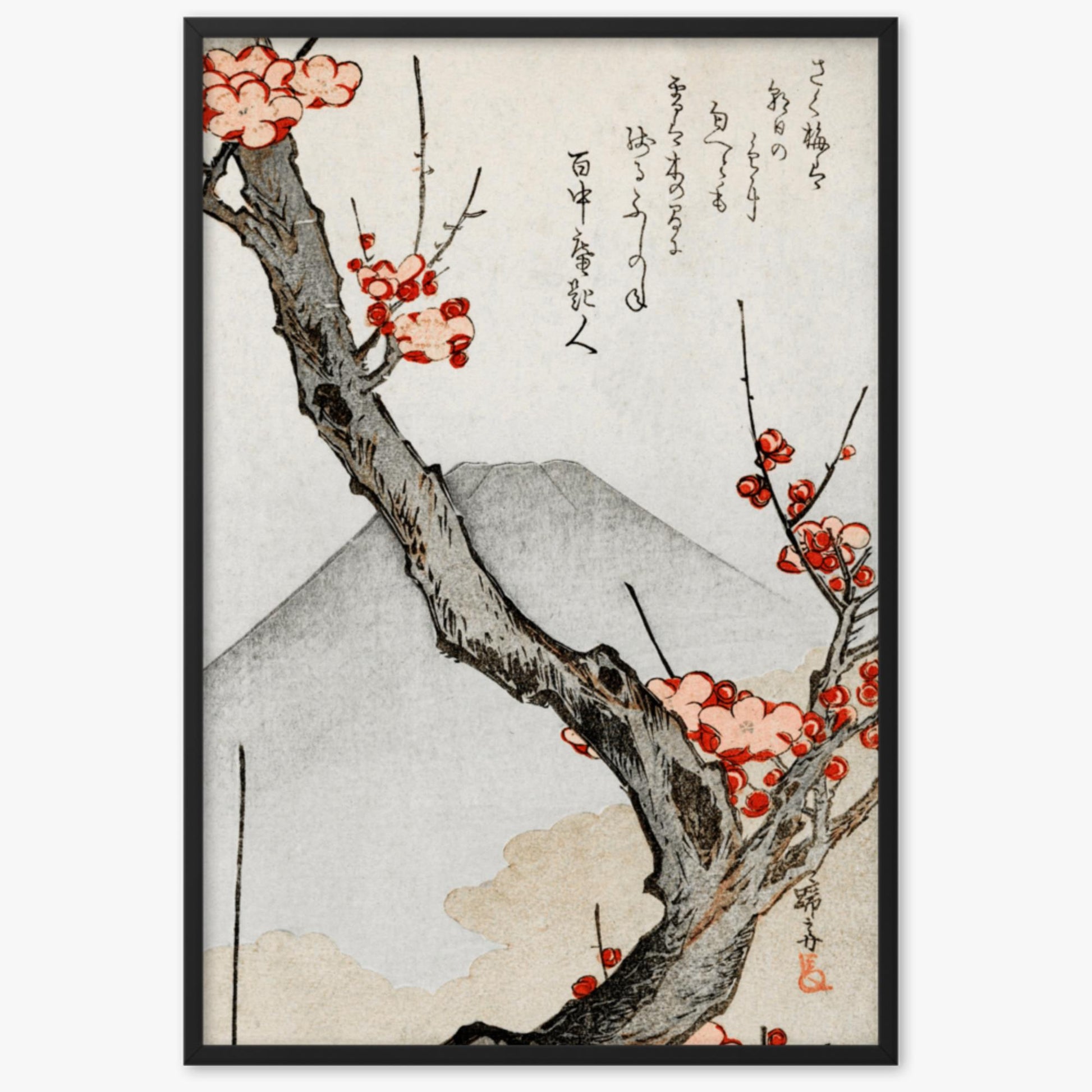 Teisai Hokuba - Mount Fuji and a Flowering Plum 61x91 cm Poster With Black Frame