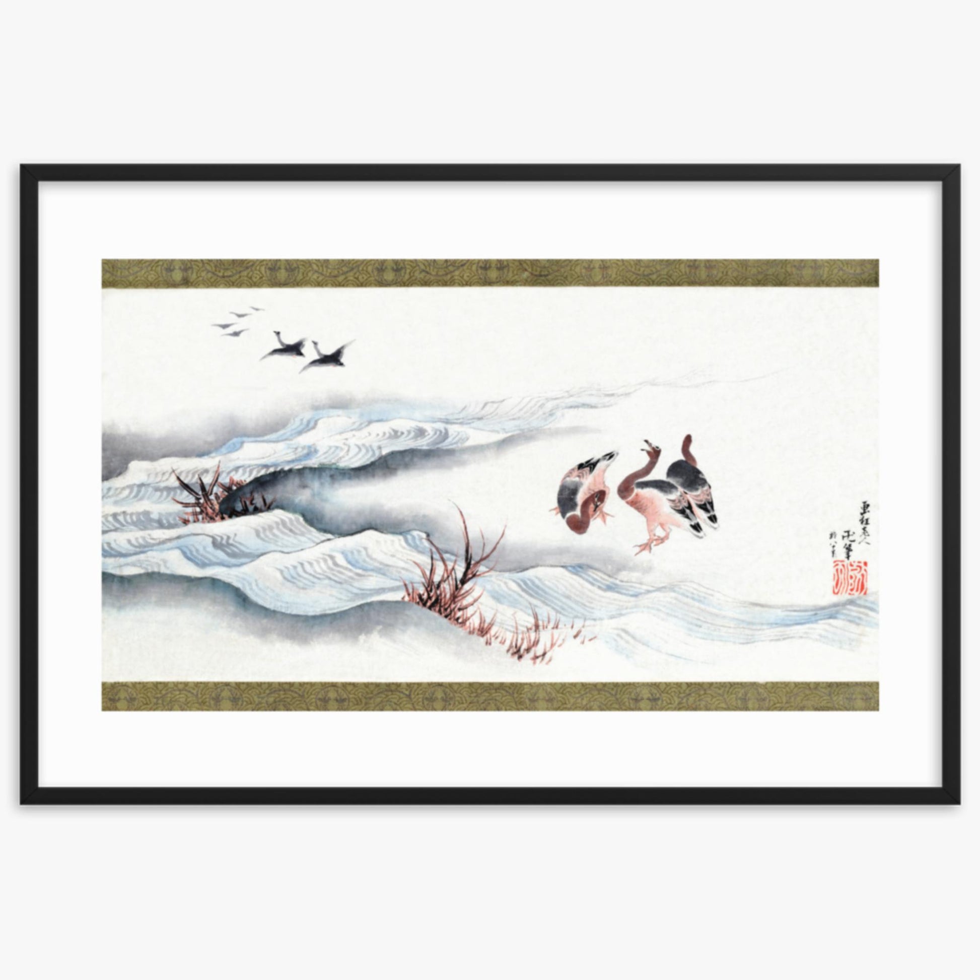 Katsushika Hokusai - Wild Geese and Water 61x91 cm Poster With Black Frame