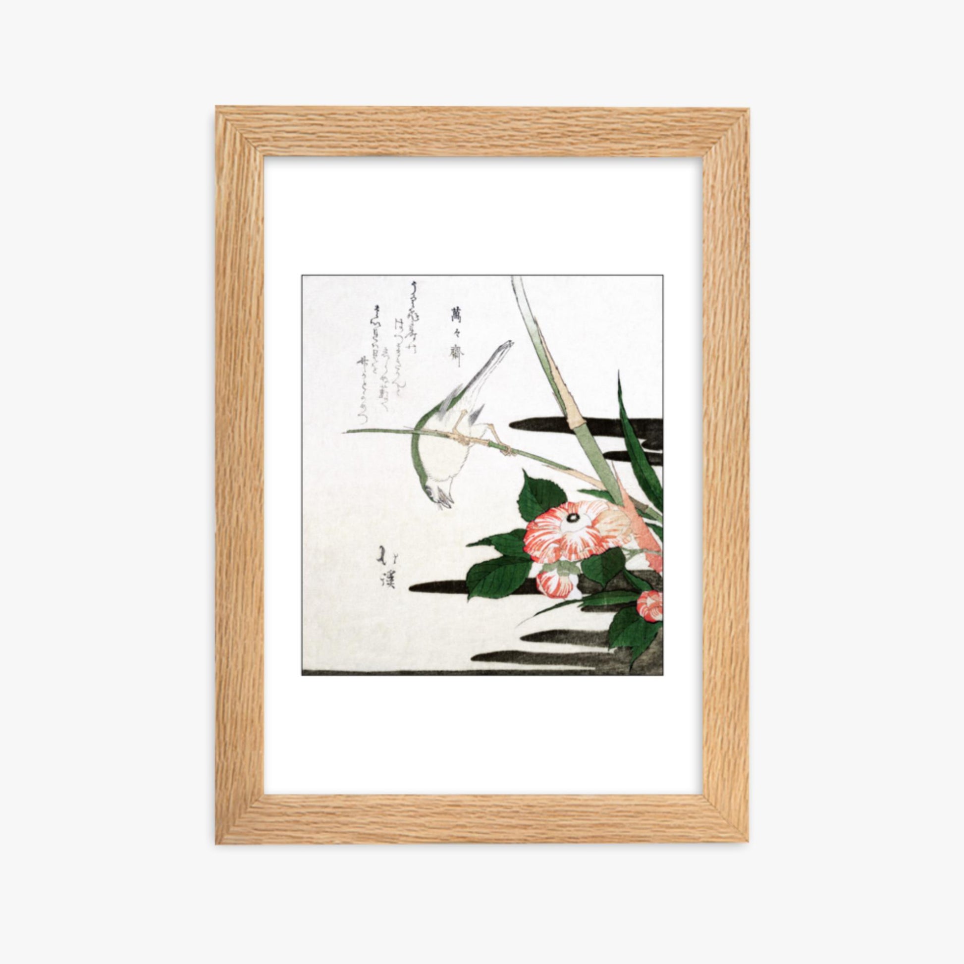 Totoya Hokkei - Warbler and Camellia 21x30 cm Poster With Oak Frame