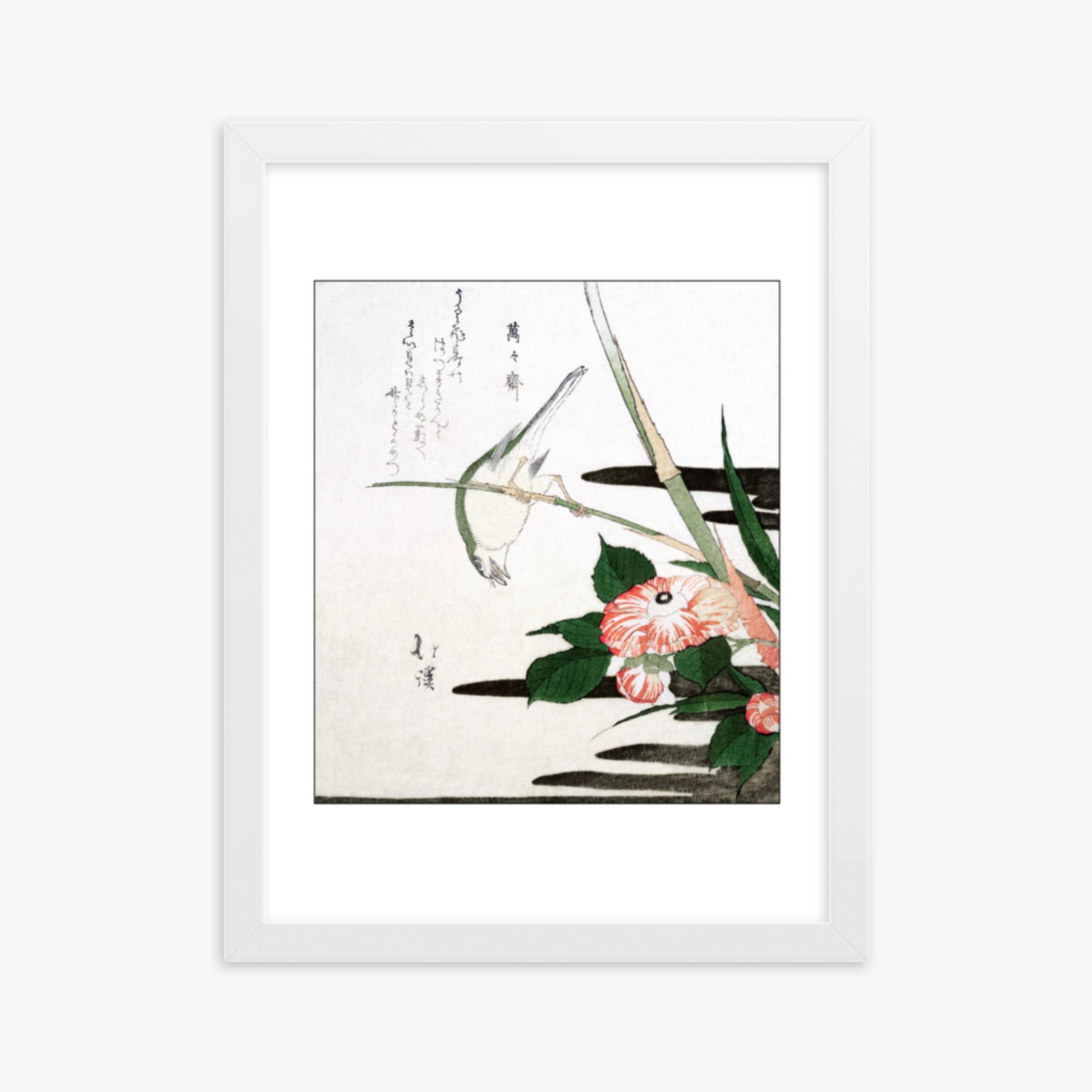 Totoya Hokkei - Warbler and Camellia 30x40 cm Poster With White Frame