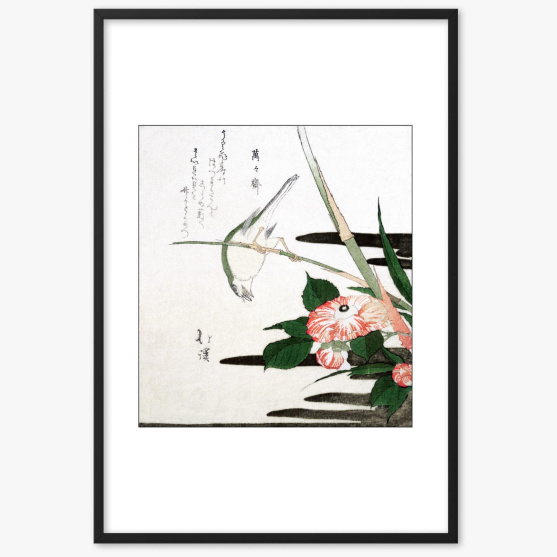 Totoya Hokkei - Warbler and Camellia 61x91 cm Poster With Black Frame