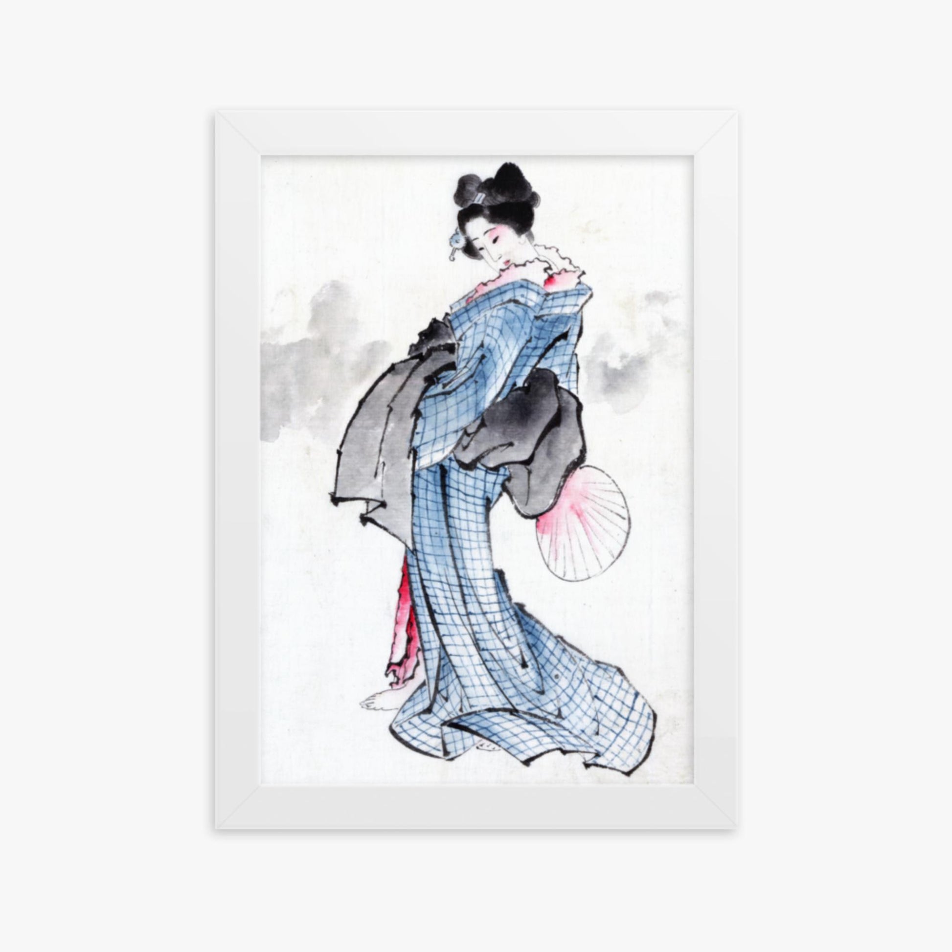 Katsushika Hokusai - Illustration of a Japanese Woman in Kimono 21x30 cm Poster With White Frame