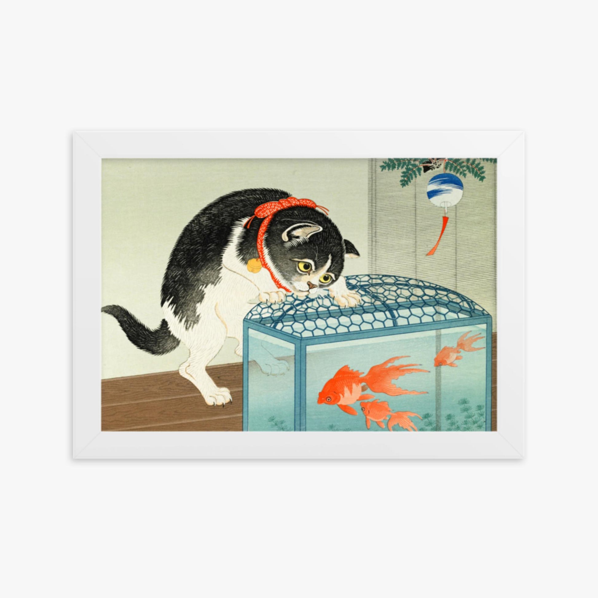 Ohara Koson: Cat and Goldfish - 21x30 cm Poster With White Frame