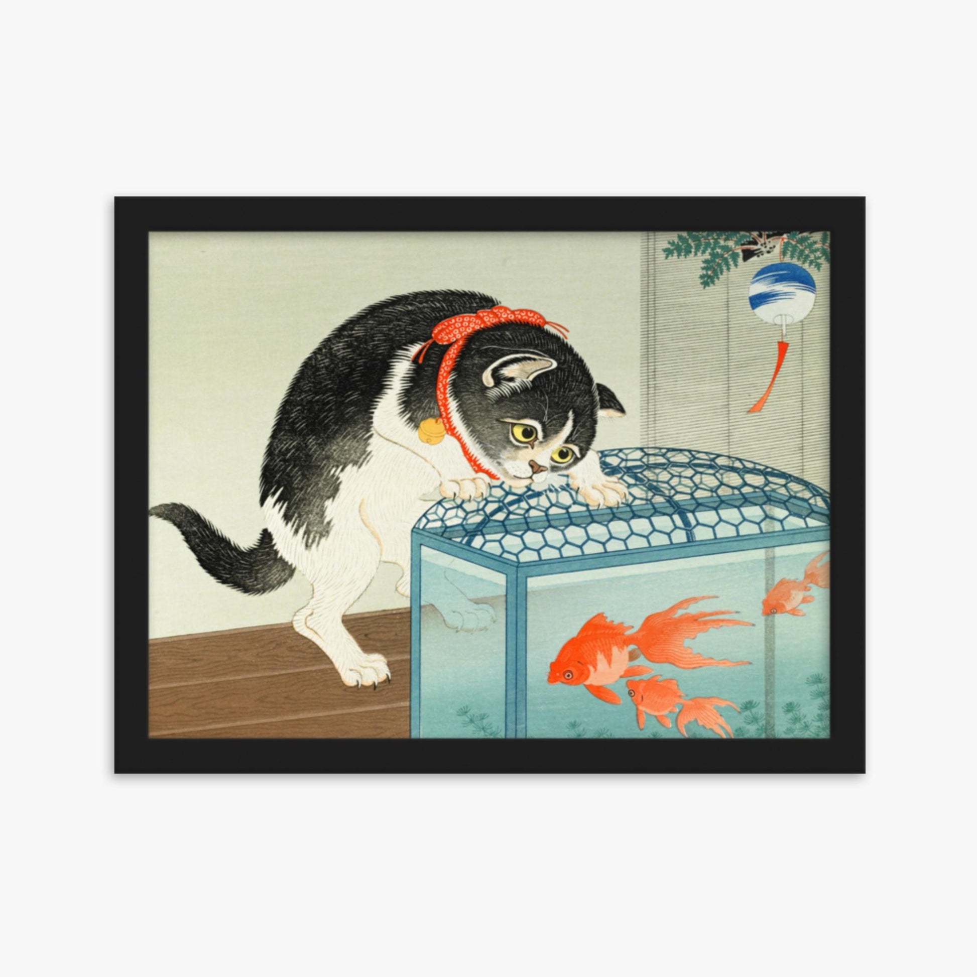 Ohara Koson: Cat and Goldfish - 30x40 cm Poster With Black Frame