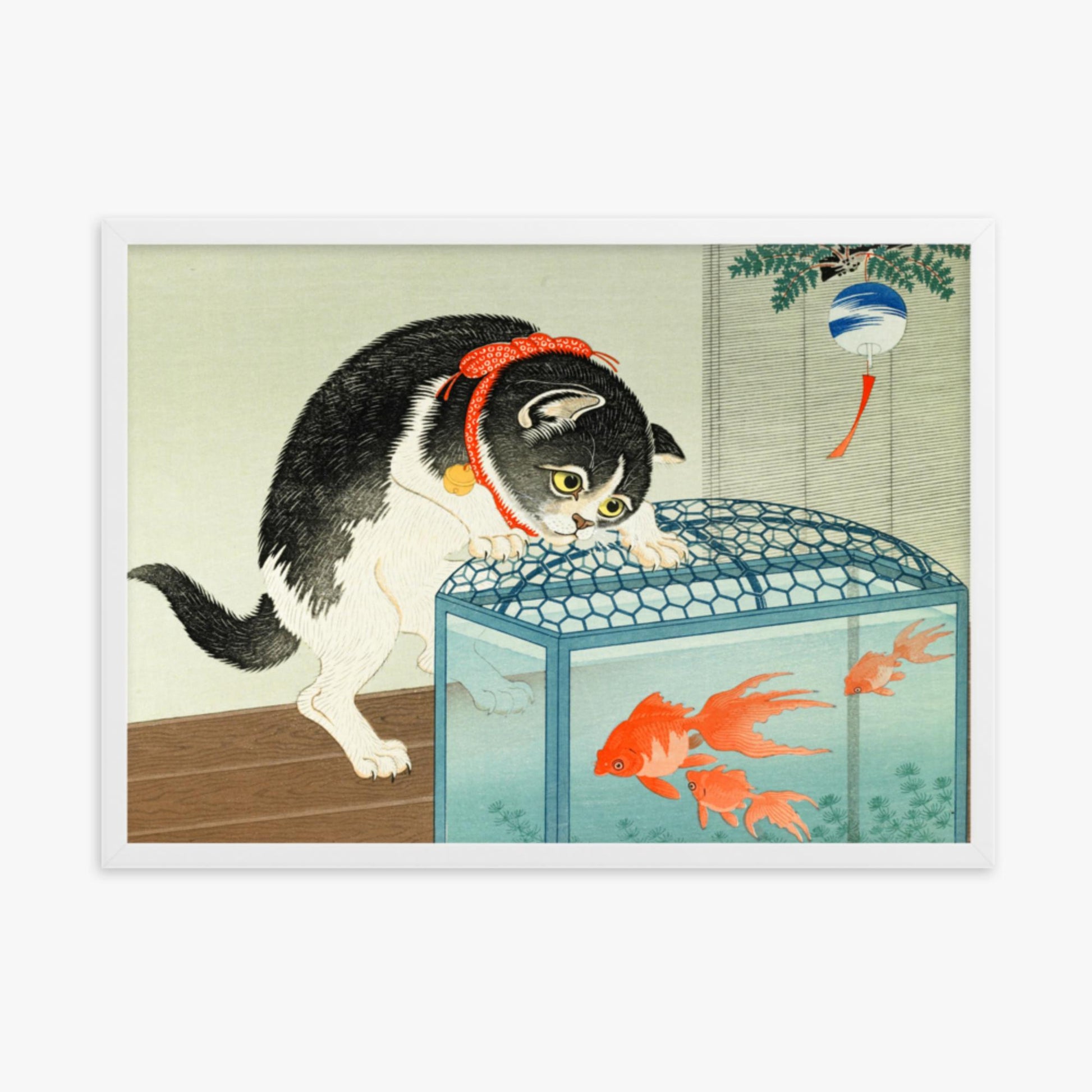 Ohara Koson: Cat and Goldfish - 50x70 cm Poster With White Frame