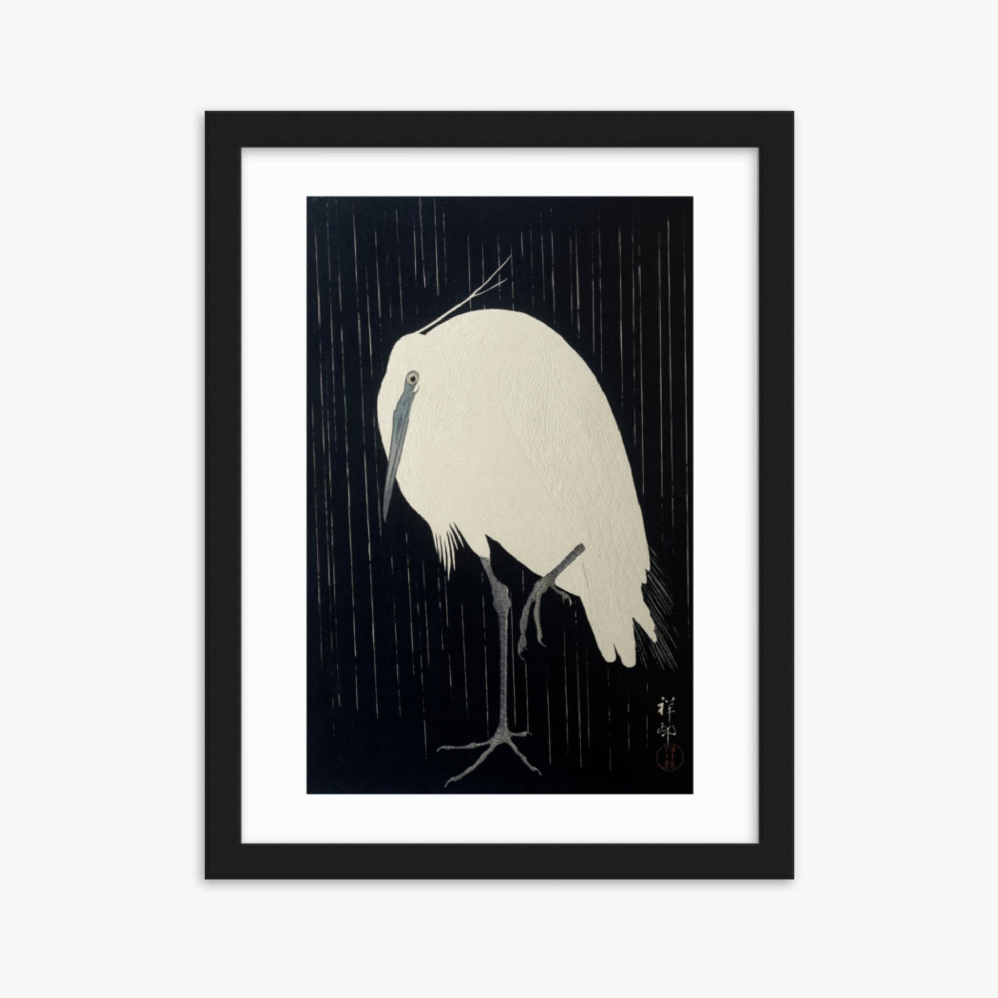 Ohara Koson: Egret in the Rain - 30x40 cm Poster With Black Frame