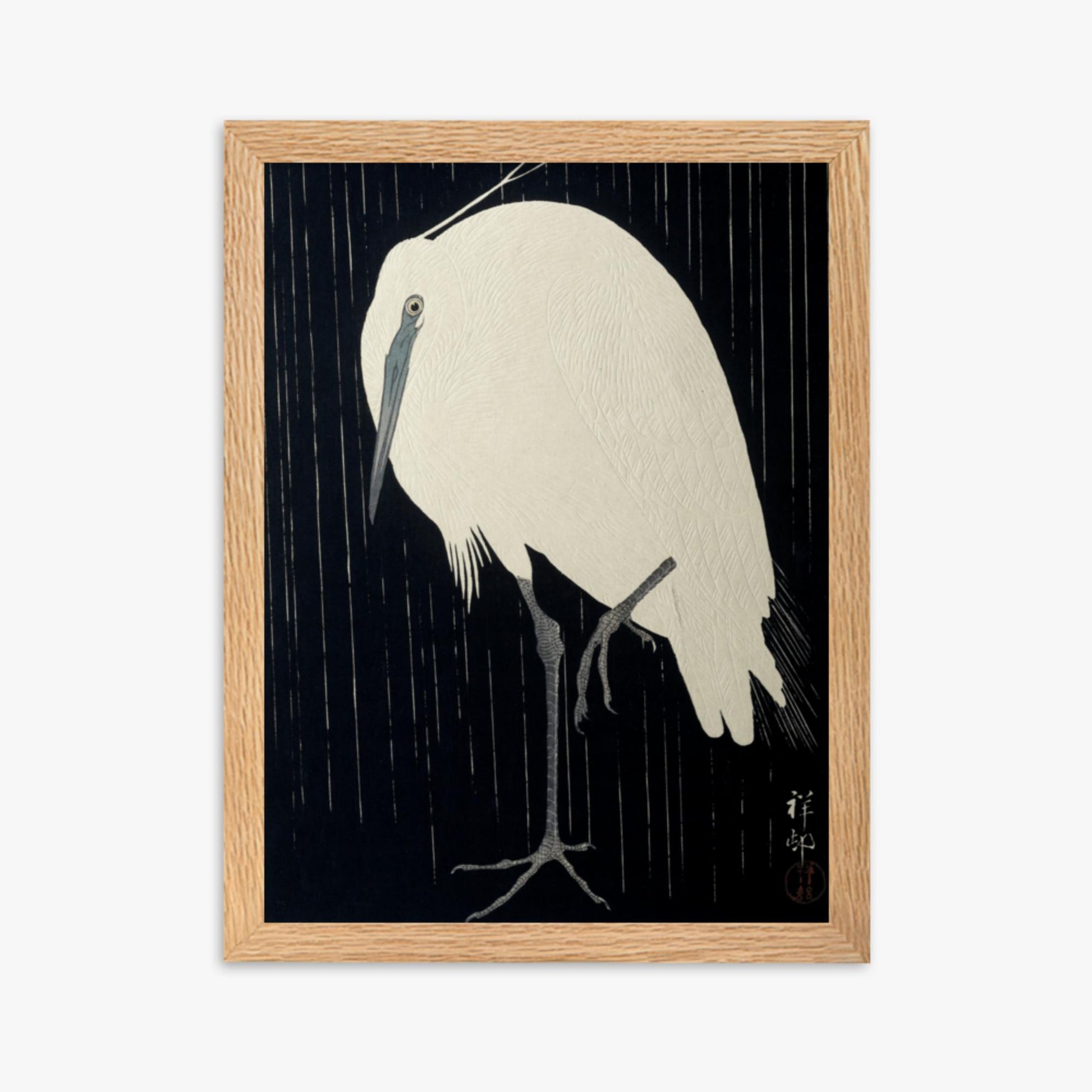 Ohara Koson: Egret in the Rain - 30x40 cm Poster With Oak Frame