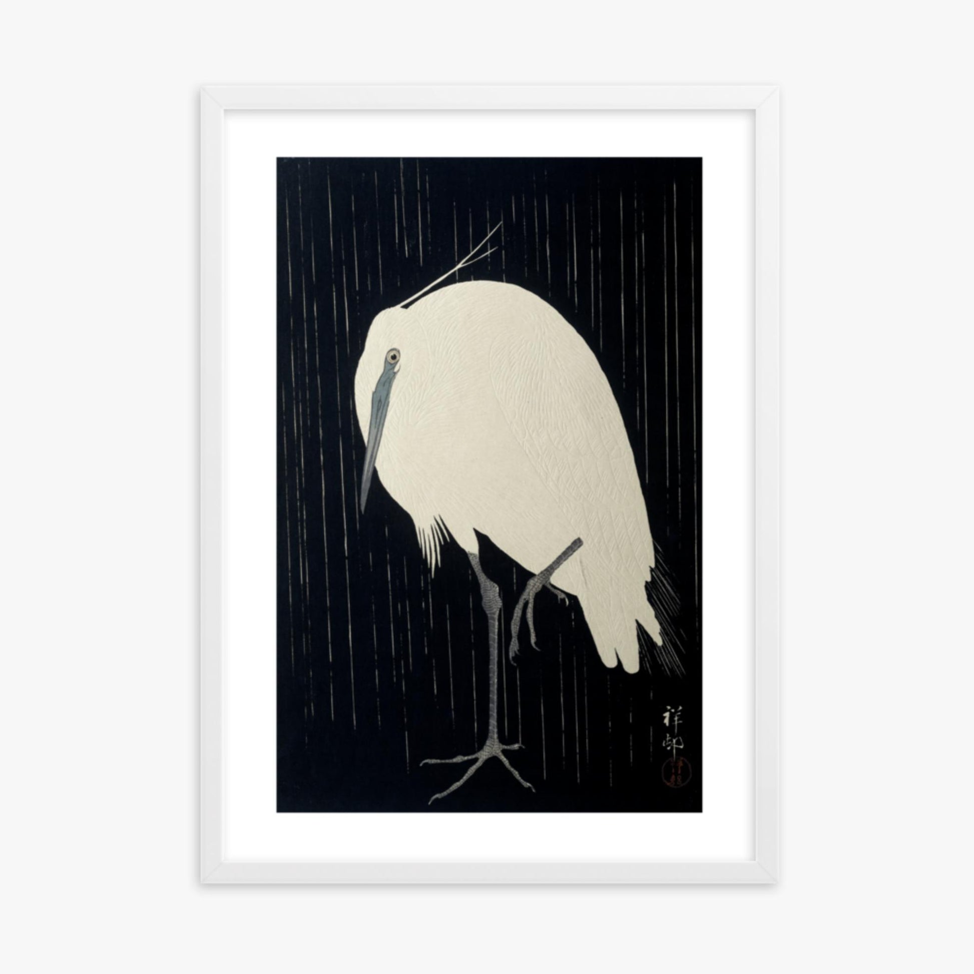 Ohara Koson: Egret in the Rain - 50x70 cm Poster With White Frame