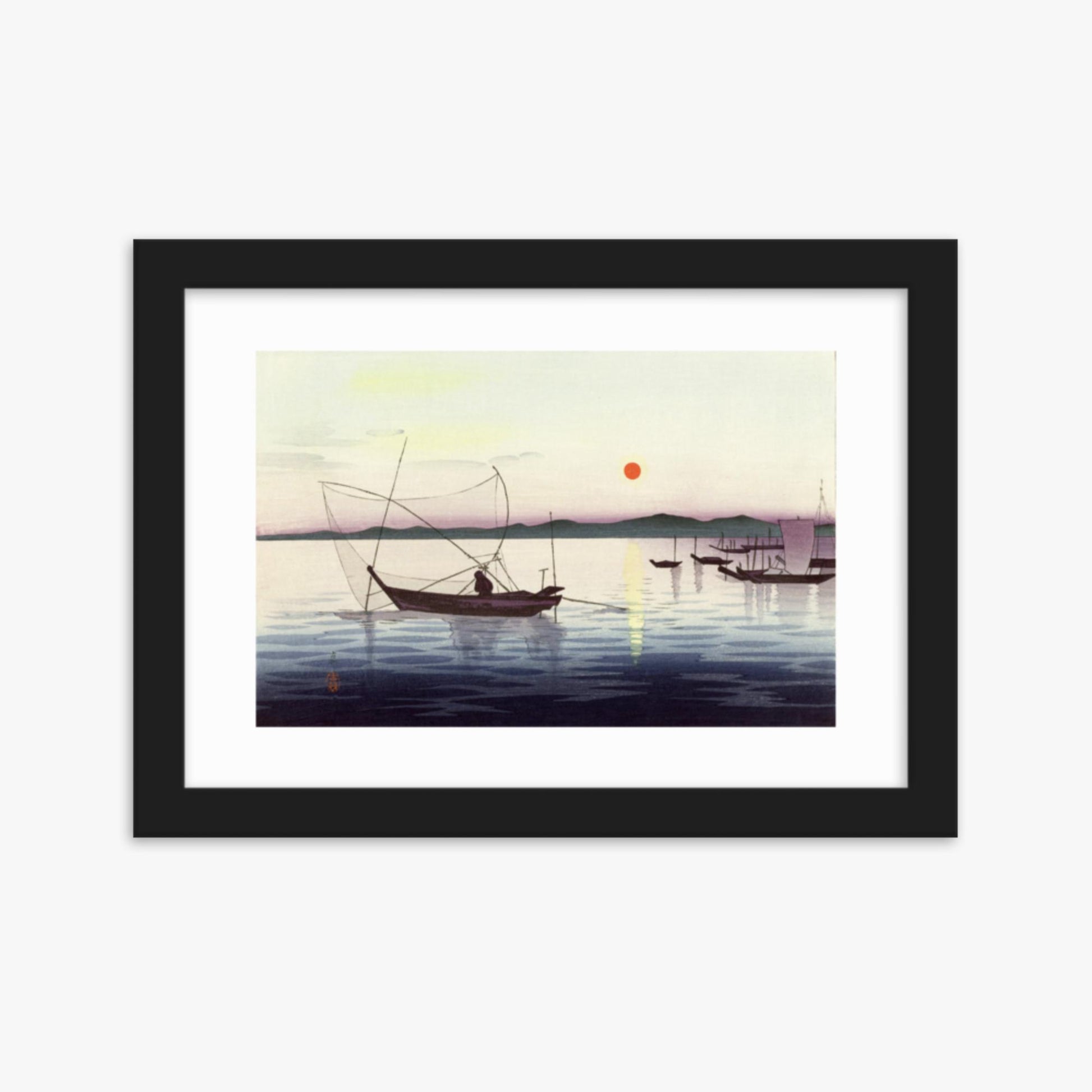 Ohara Koson: Fishing boats at sunset - 21x30 cm Poster With Black Frame