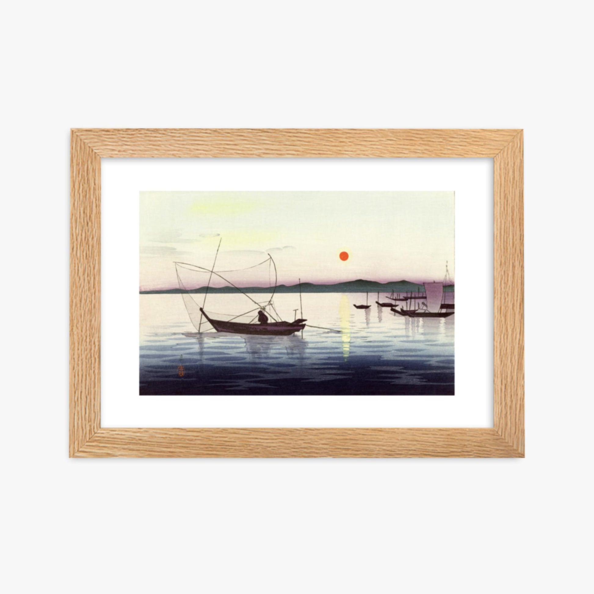 Ohara Koson: Fishing boats at sunset - 21x30 cm Poster With Oak Frame