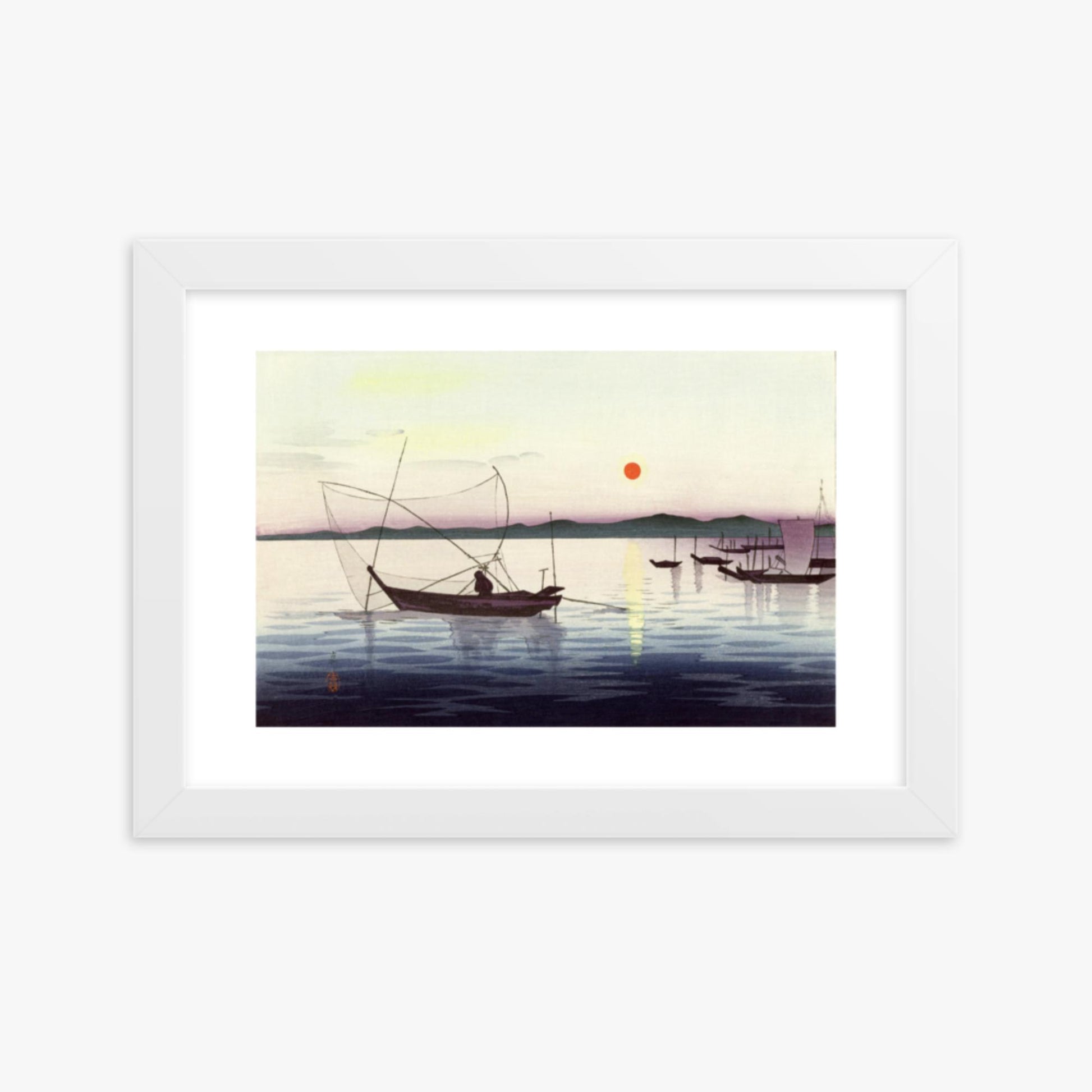 Ohara Koson: Fishing boats at sunset - 21x30 cm Poster With White Frame