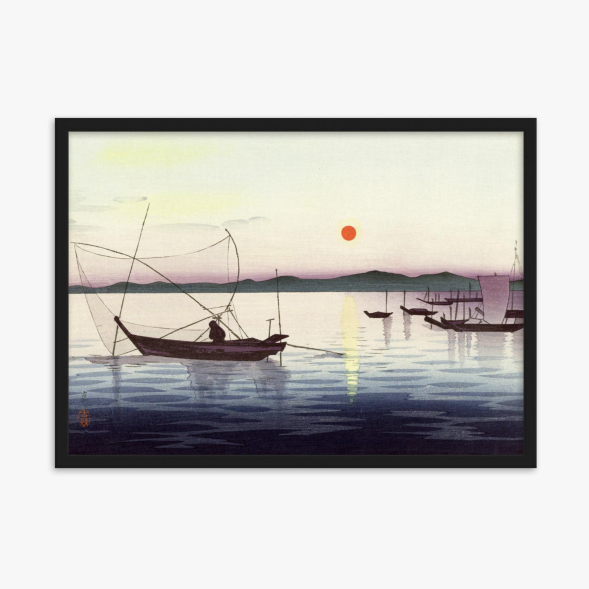 Ohara Koson: Fishing boats at sunset - 50x70 cm Poster With Black Frame