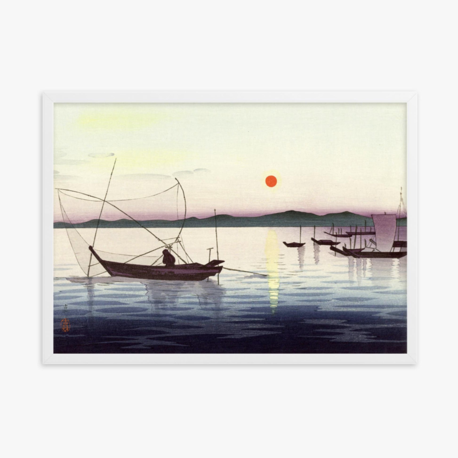 Ohara Koson: Fishing boats at sunset - 50x70 cm Poster With White Frame