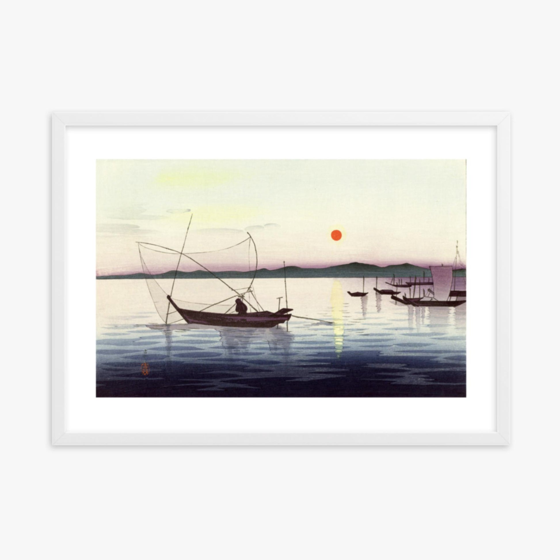 Ohara Koson: Fishing boats at sunset - 50x70 cm Poster With White Frame