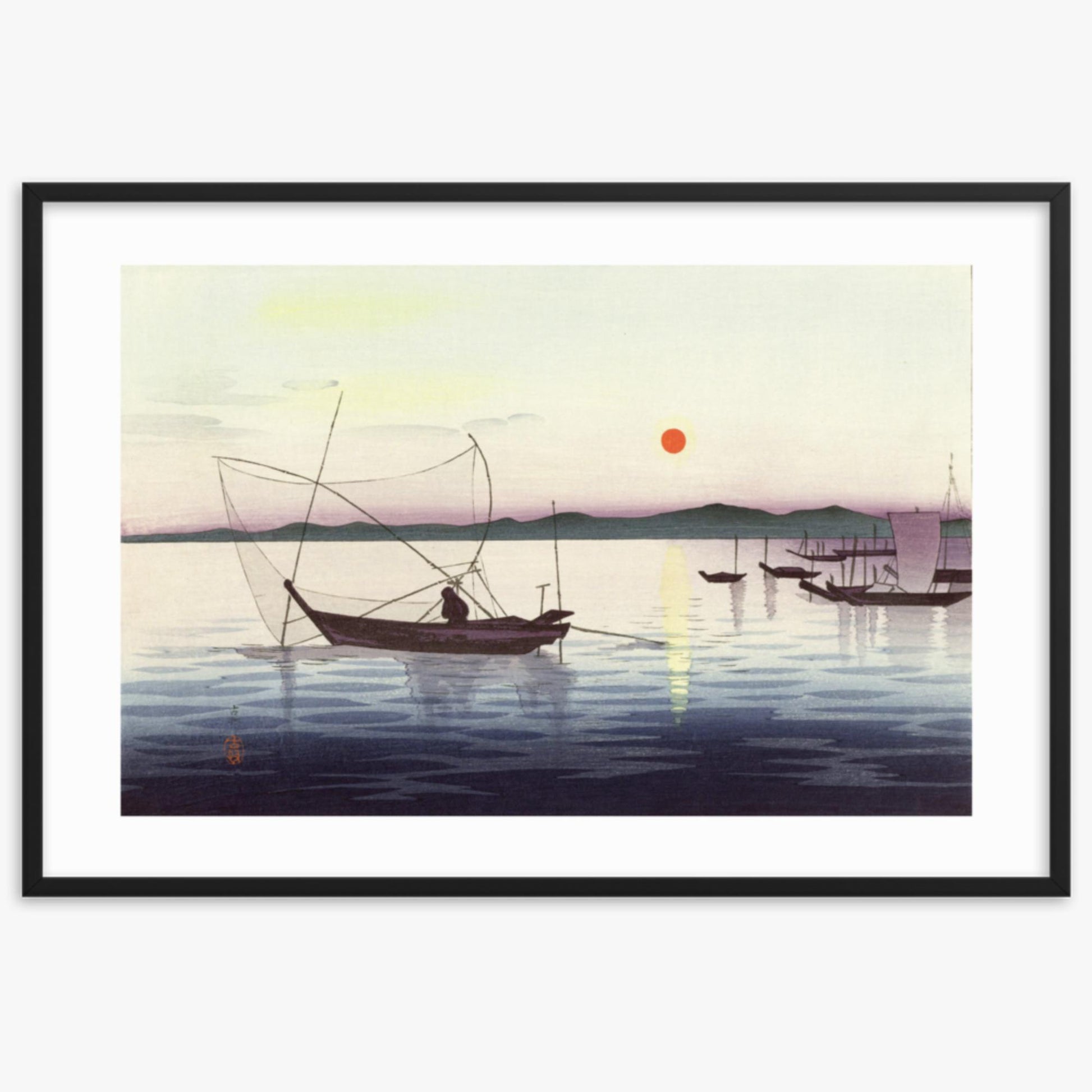 Ohara Koson: Fishing boats at sunset - 61x91 cm Poster With Black Frame