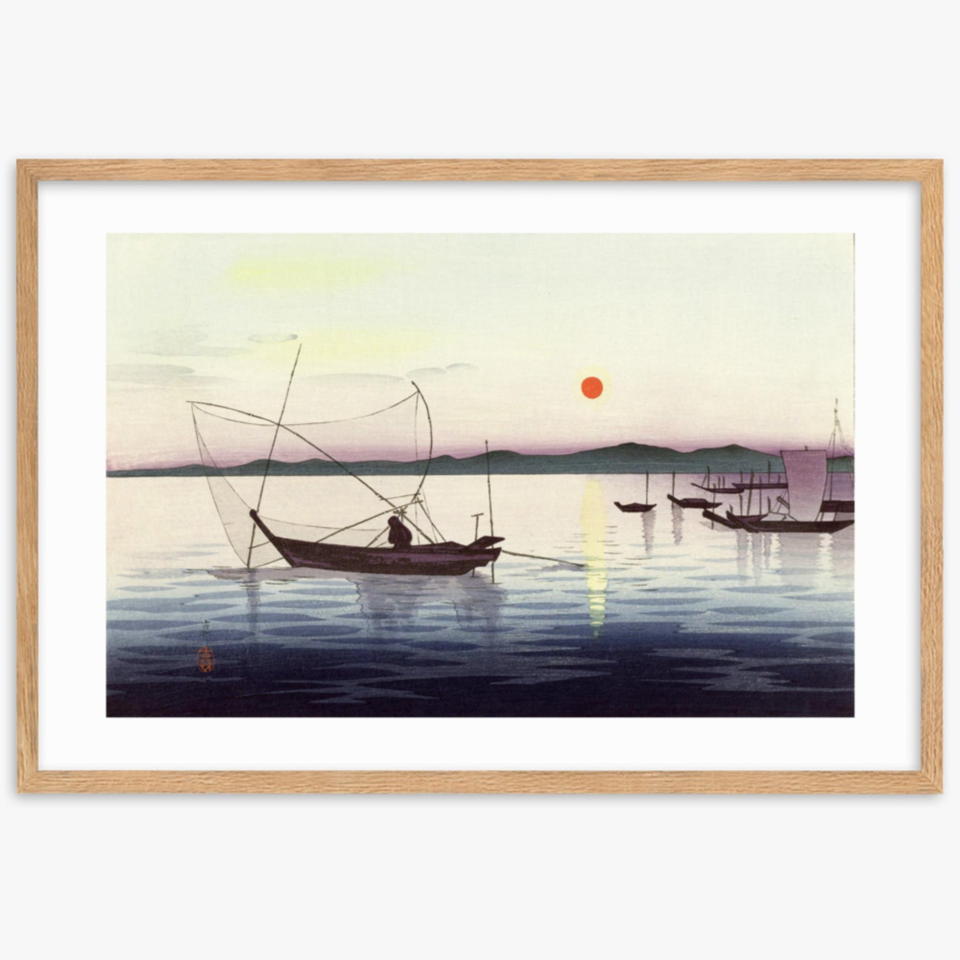 Ohara Koson: Fishing boats at sunset - 61x91 cm Poster With Oak Frame