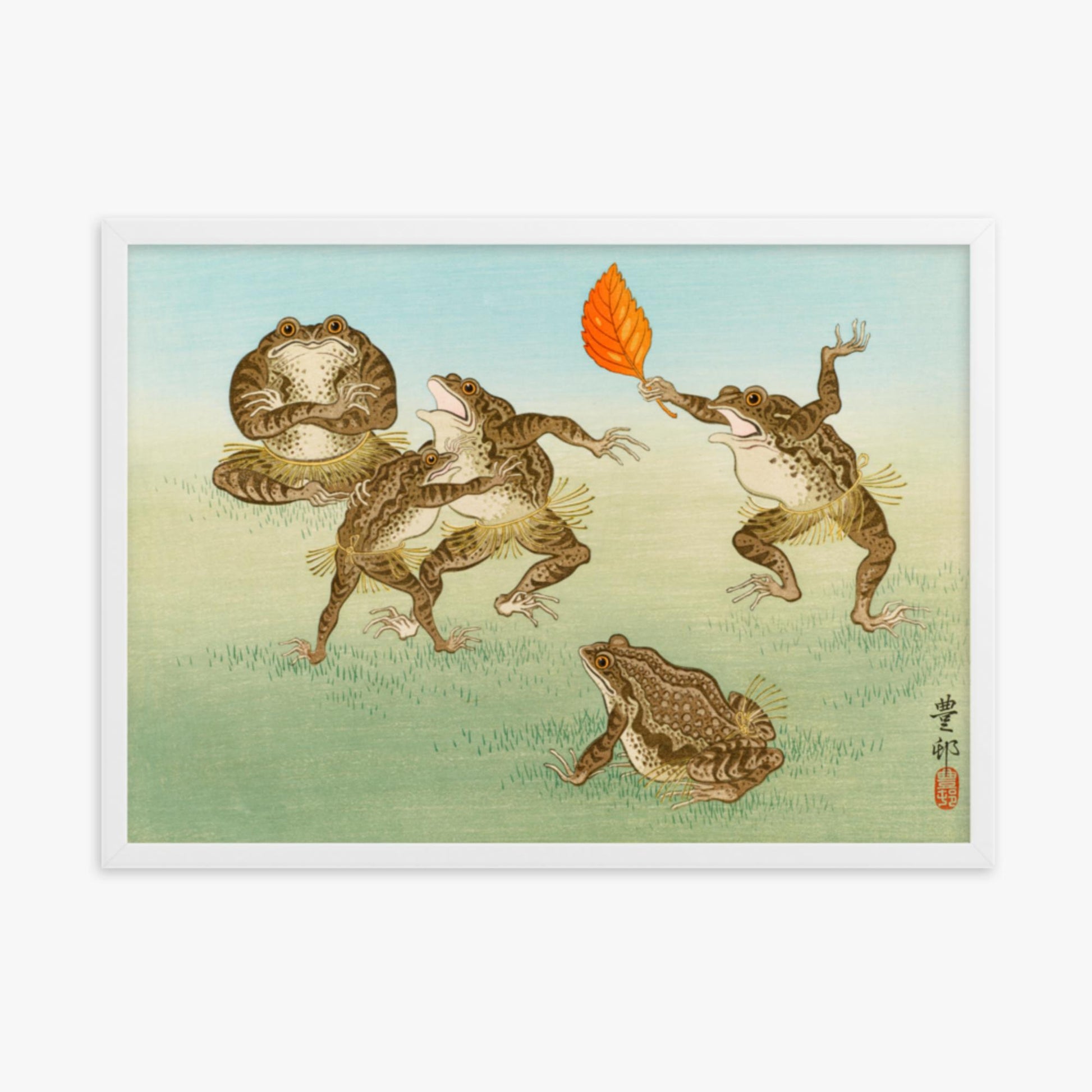 Ohara Koson: Sumo-Wrestling Toads - 50x70 cm Poster With White Frame