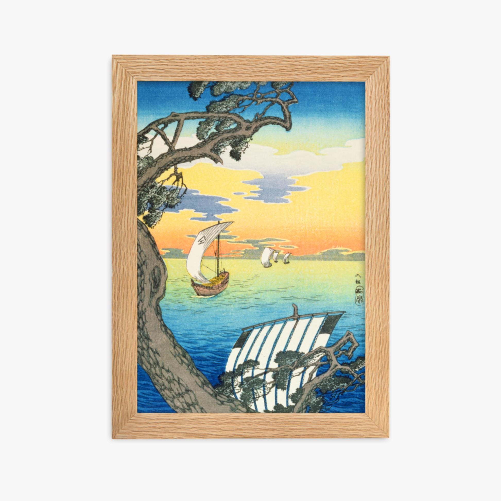 Takahashi Hiroaki: Returning Boats - 21x30 cm Poster With Oak Frame