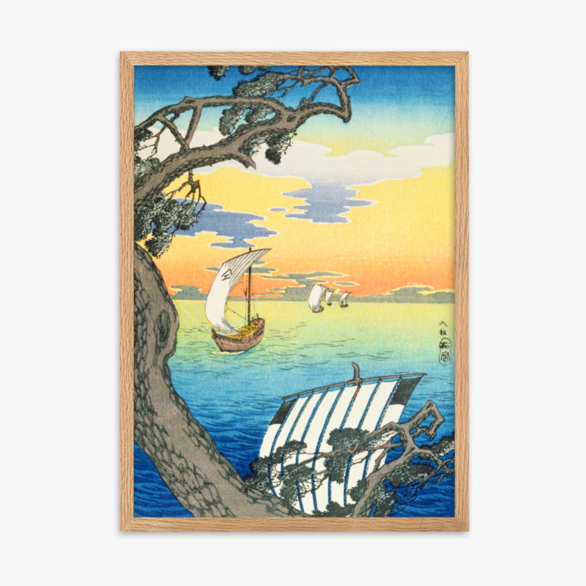 Takahashi Hiroaki: Returning Boats - 50x70 cm Poster With Oak Frame