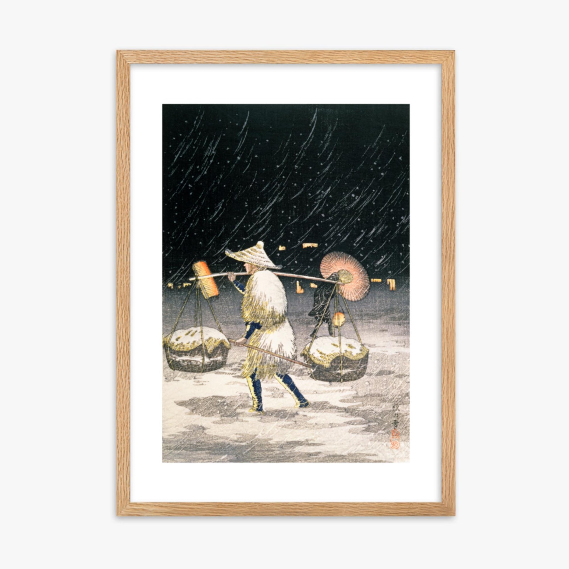 Takahashi Hiroaki: Night Snow - 50x70 cm Poster With Oak Frame