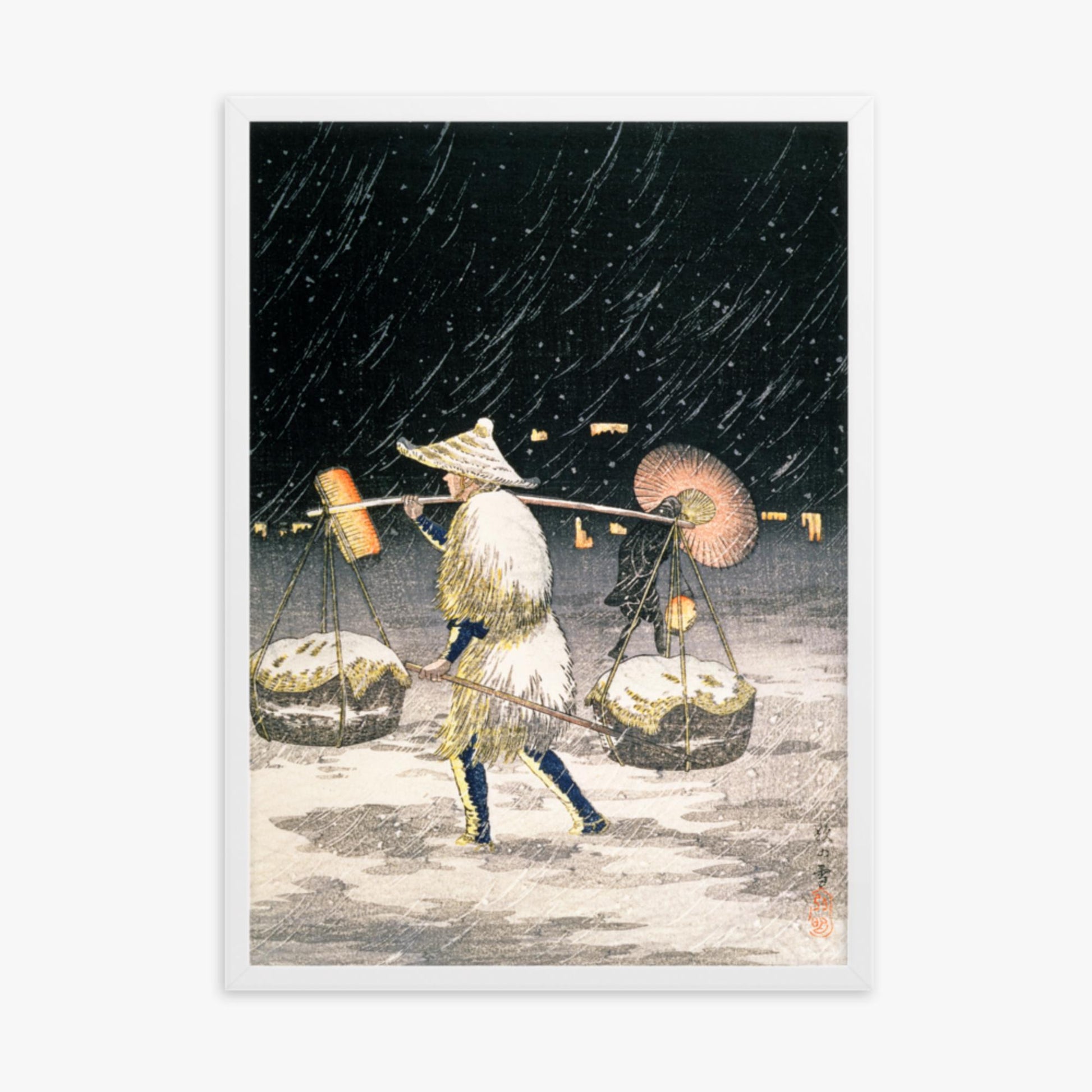 Takahashi Hiroaki: Night Snow - 50x70 cm Poster With White Frame