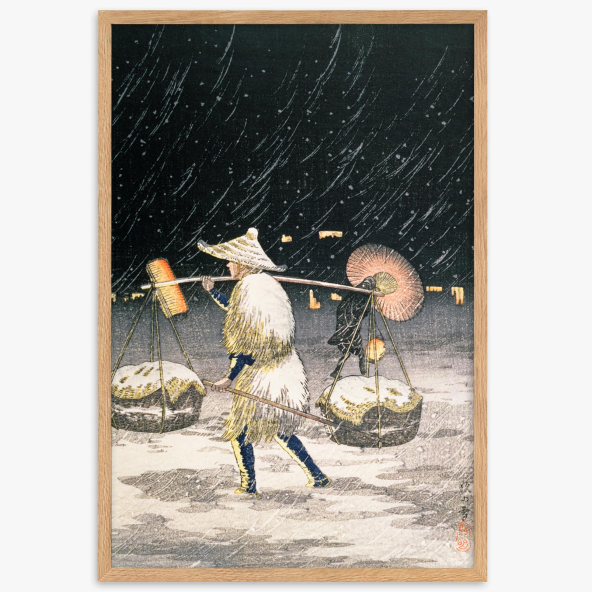 Takahashi Hiroaki: Night Snow - 61x91 cm Poster With Oak Frame