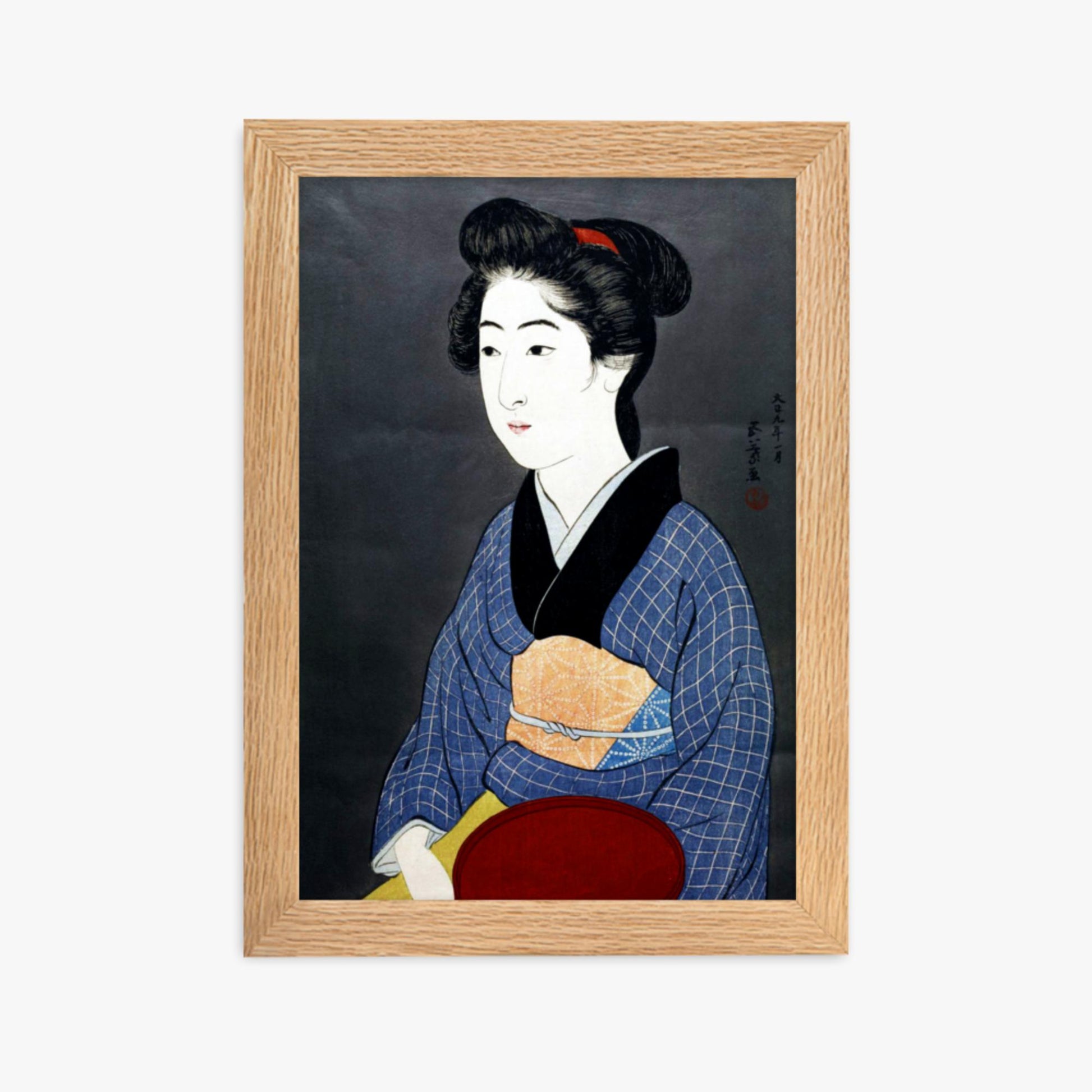 Goyō Hashiguchi: A waitress with a red tray - 21x30 cm Poster With Oak Frame