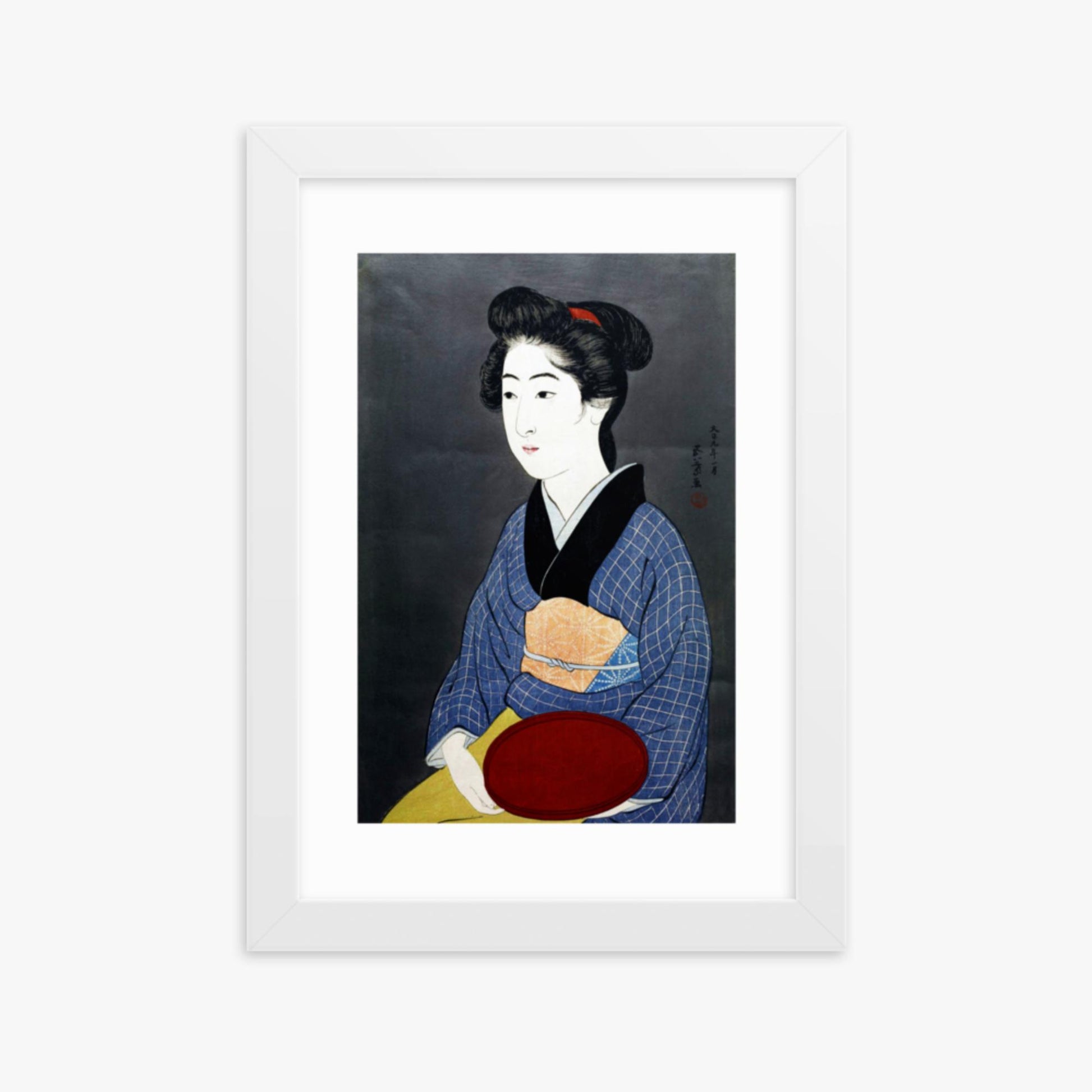 Goyō Hashiguchi: A waitress with a red tray - 21x30 cm Poster With White Frame